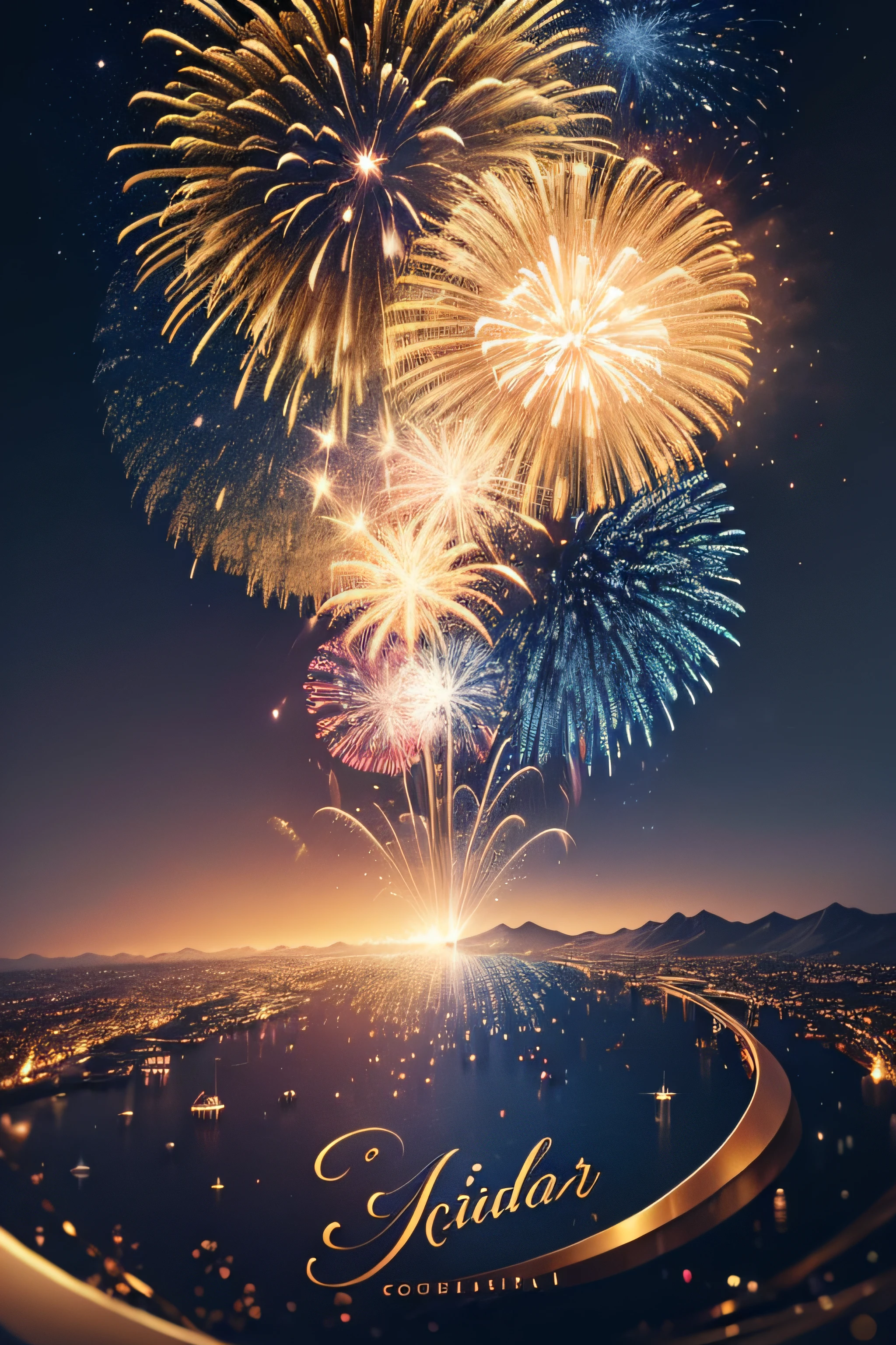 A golden, glittery celebration card featuring a beautiful fireworks display, with a C4D OC rendering style. The background is a deep navy blue with stars and a full moon, while the fireworks are a mix of vibrant colors. The card's design is sleek and elegant, with a gold metallic finish that adds to the luxurious feel.