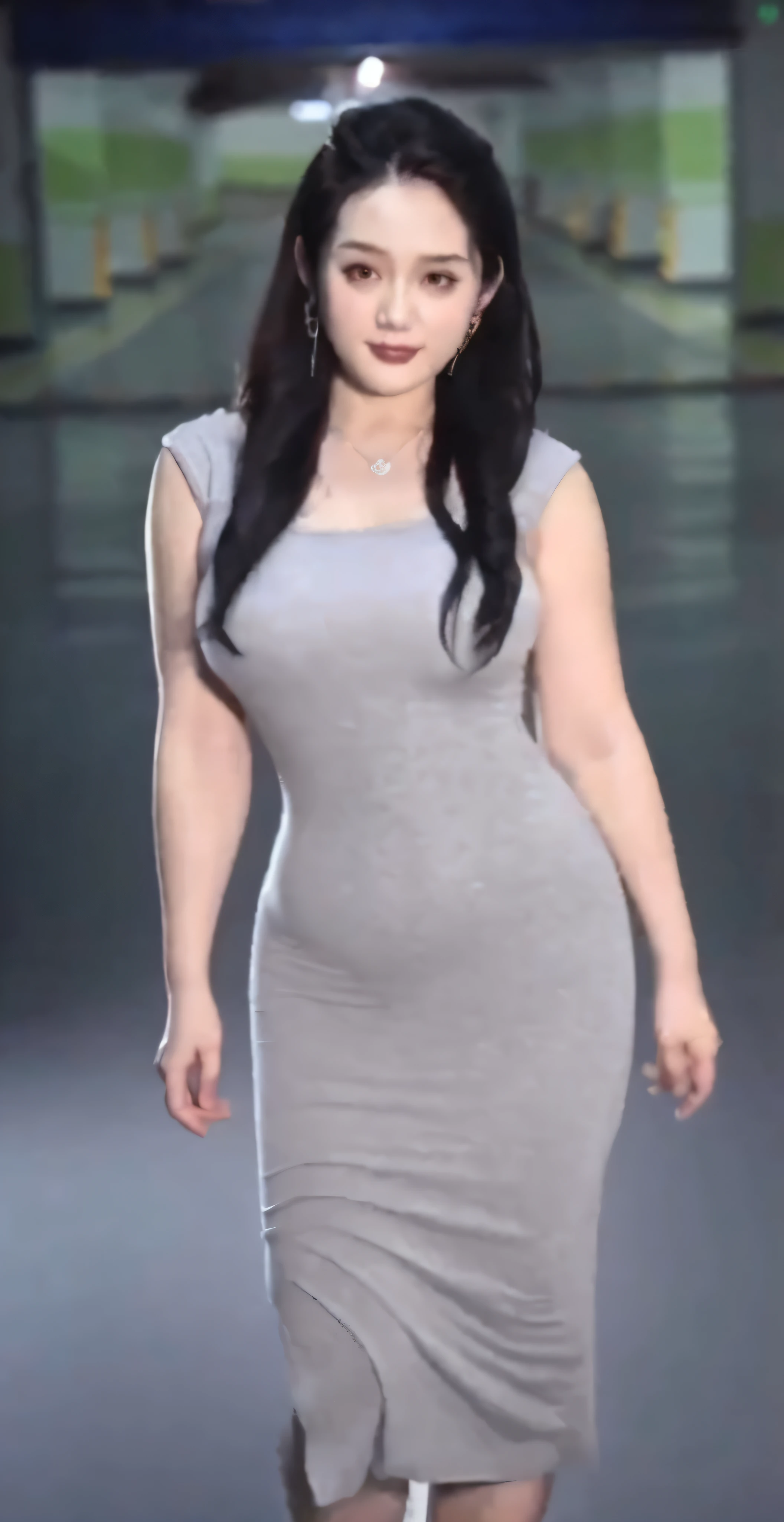 A woman in a gray dress walks on the catwalk, Tight dress, tightly dress, Sexy dress, curvy hourglass figure, is wearing  dress, Curvy figure, young beautiful amouranth, Hourglass figure, wearing tight simple clothes, tight attire, mais conhecido como Amouranth, beautiful full body shot, very curvy, Transparent gray dress, Curvy body, Beautiful curves