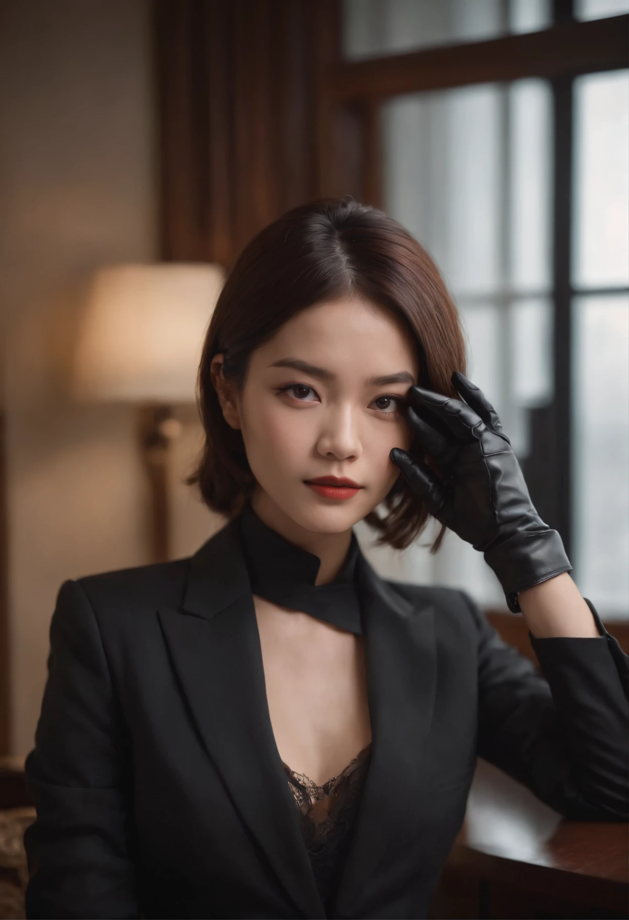 A woman wearing a men's three-piece suit with a black shirt, wearing black leather gloves in both hands, a Japanese girl, a dark hotel room