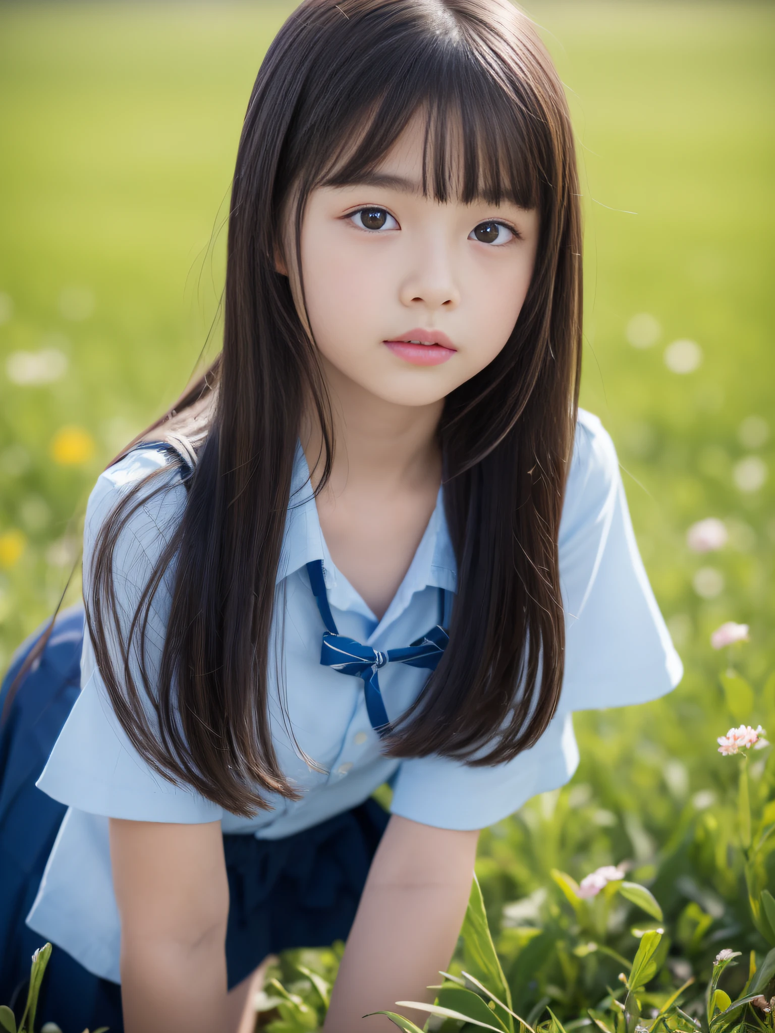 8K、Elementary school beautiful girl、A dark-haired、detailed beautiful faces、very short pants, flower  field、Very strong wind、decolletage、Sit on the buttocks