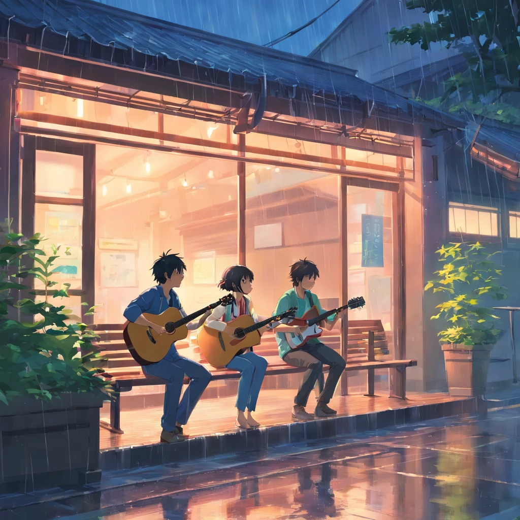 rainy days,Couple playing guitar and singing under the eaves 。