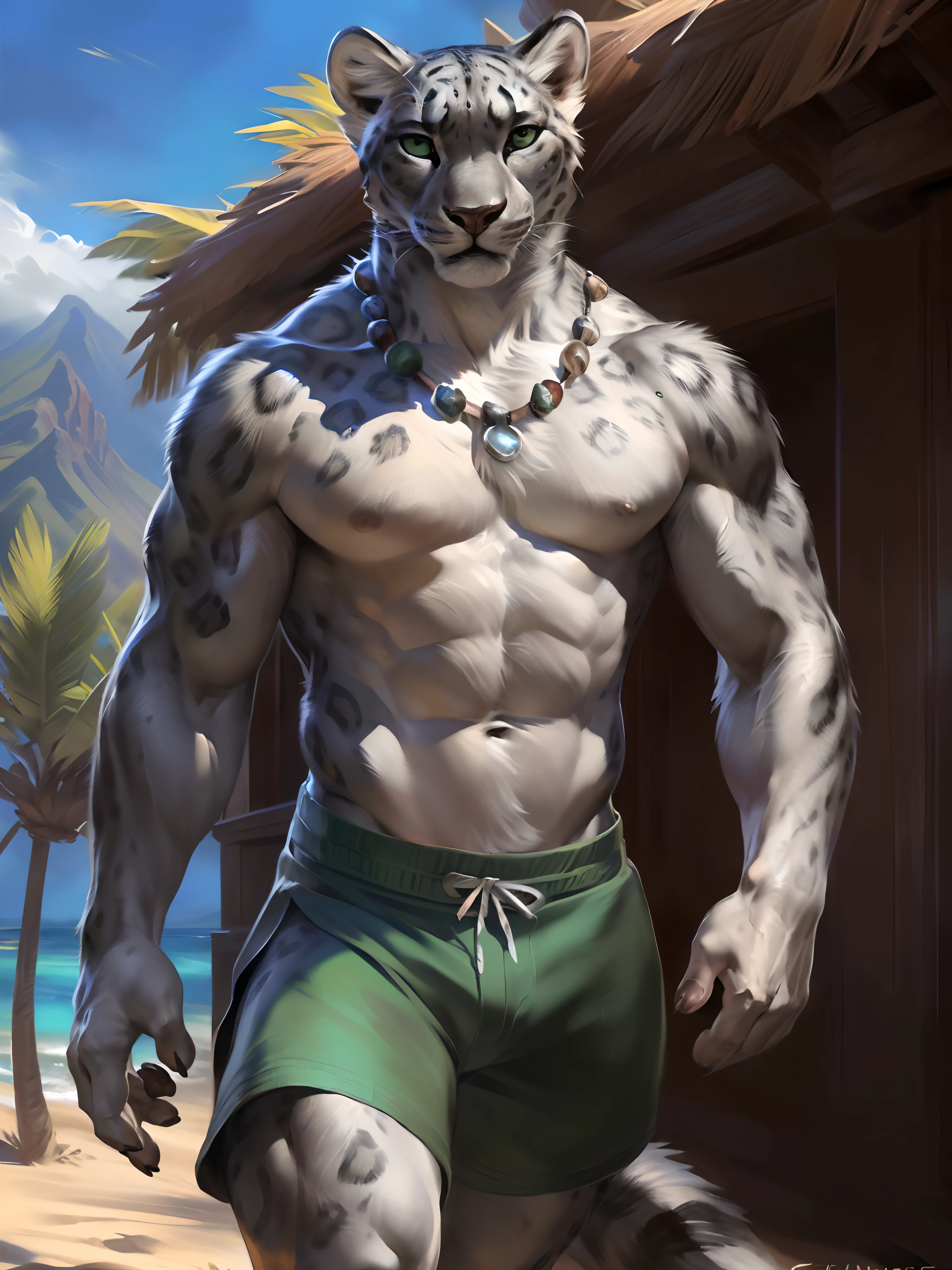 4k, high resolution, best quality, perfect colors, perfect shadows, perfect lighting, posted on e621, furry body, solo, anthro snow leopard, male, (manly, masculine, muscular, athletic, abs:1.4), bare torso, correct anatomy, (photorealistic fur, detailed grey spotted fur, epic, masterpiece:1.2), sexy shadows, (Hawaii), detailed resort town background, street, snow leopard tail, (by Taran Fiddler, by Chunie, by Rukis, Bonifasko lighting), (positive thumb gesture:1.4), (detailed feline eyes:1.2), (dark green shorts with a Hawaiian pattern:1.3)