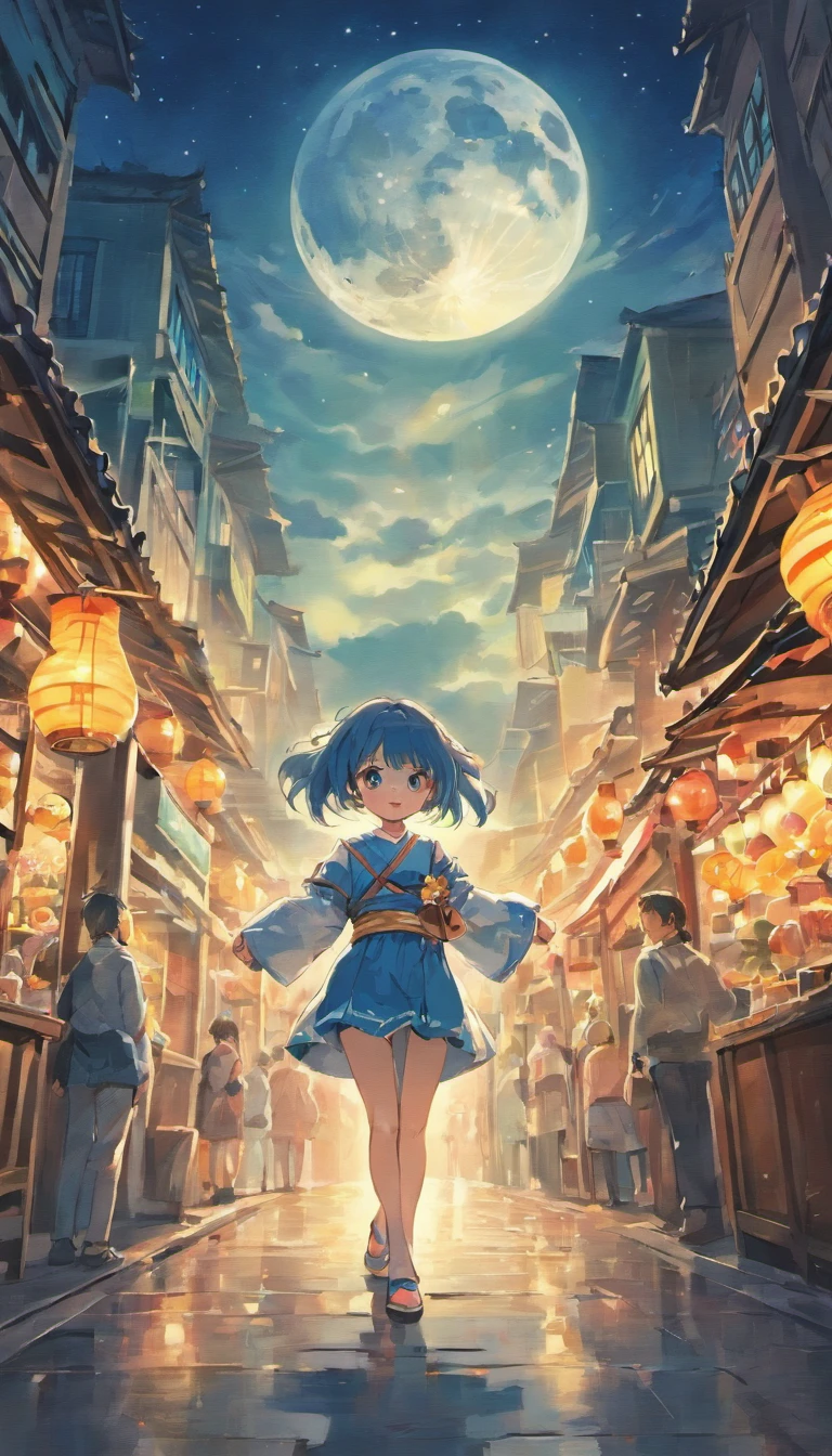 Mid-Autumn Festival、full moon、Two pandas stand and run towards the camera，themoon，As estrelas，Mooncake stalls、The lights will be lit、fire works、tradit、celebrating、enviroment、Plaza、Bamboo lanterns、the night、celebrating、Artistically、device、decor、resource，high definition resolution
