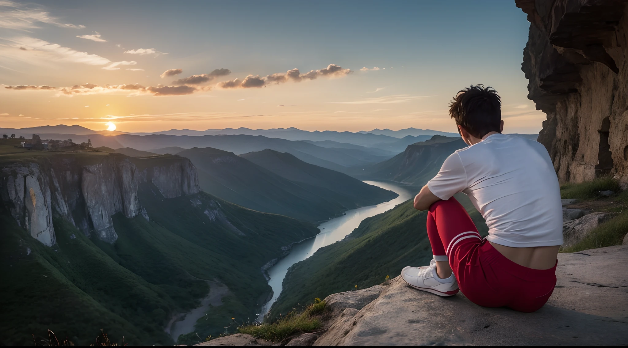 The back of a boy,Can't see the face,White top,Red sneakers,sitting at the edge of a cliff,Looking at the setting sun in the distance,photorealestic,super wide shot,The overall feeling is very sad,Photo texture,Movie chasing light,The skin texture is clear,The texture of the clothes is obvious,Surrealist depiction