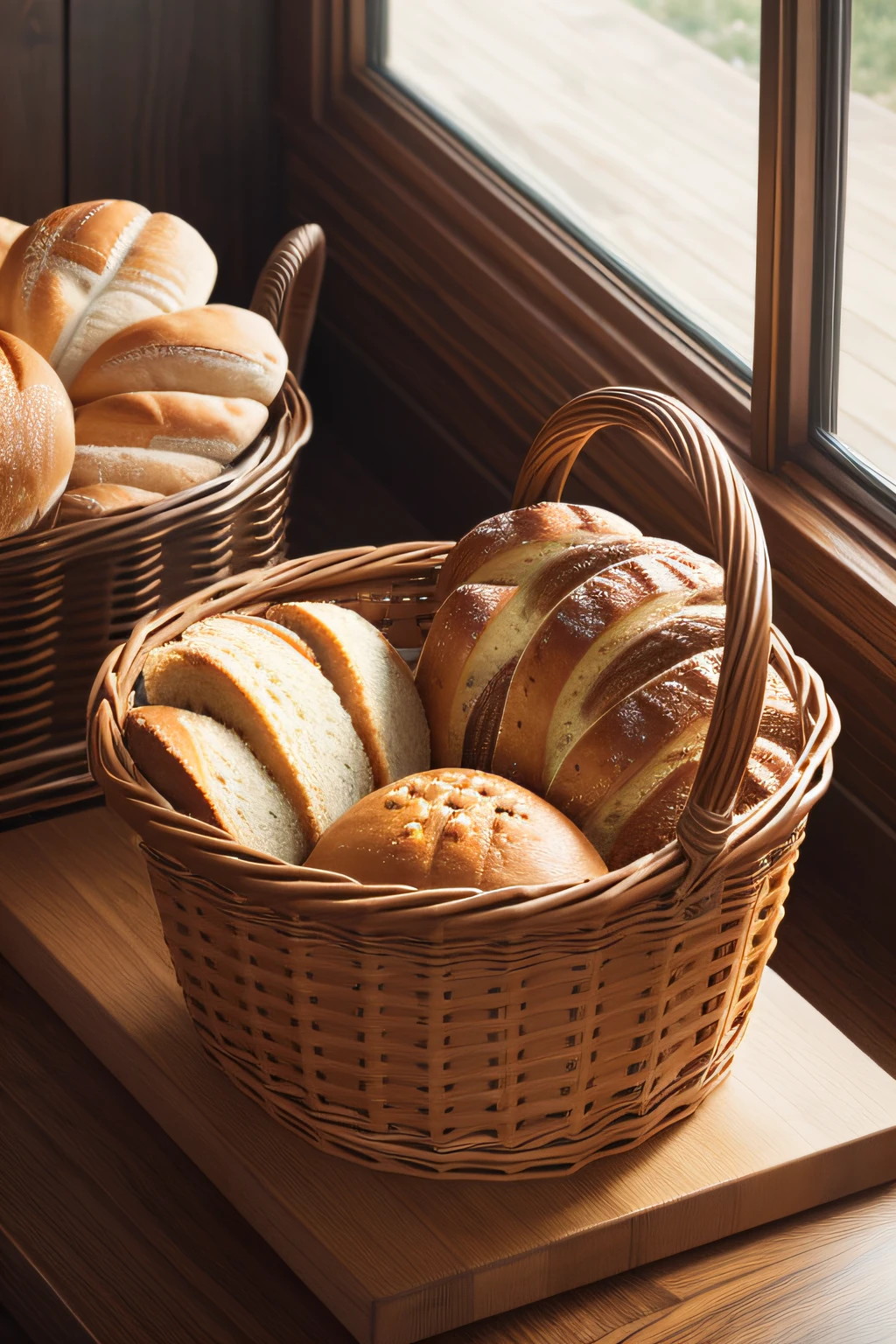 Woven basket,breads,Clean desktop,hyper-detailing,真实感,8K,Rich in detail