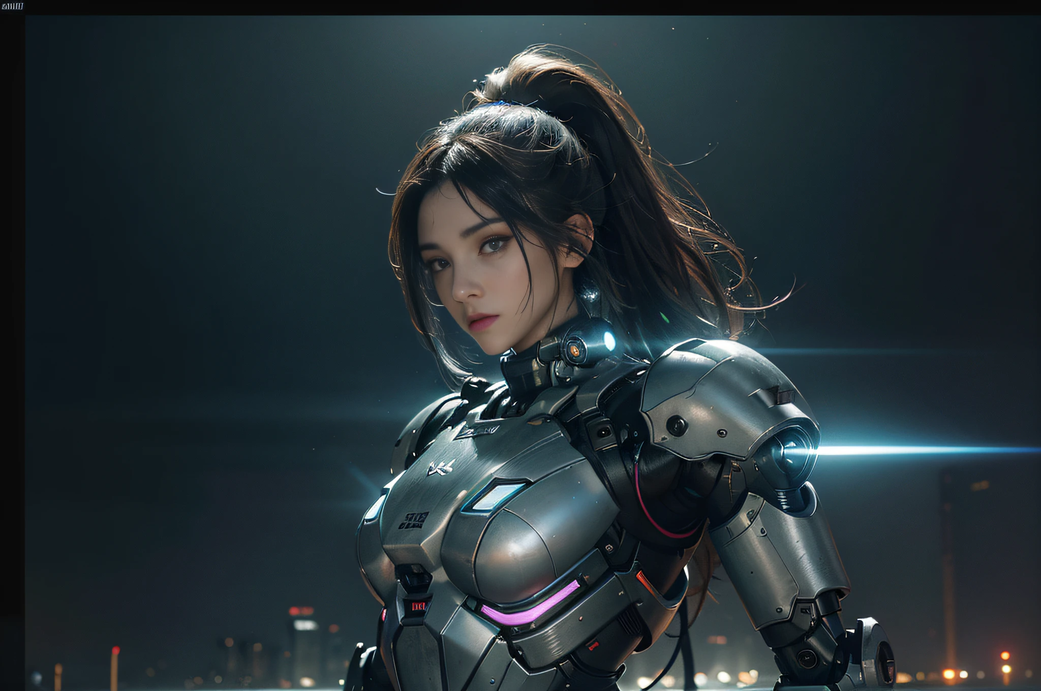 (best quality, 4k, 8k, high resolution, masterpiece: 1.2), ultra detailed, (realistic, photorealistic, photorealistic: 1.37), cyberpunk, dark, robotic, (mecha girl, mechanical armor: 1.4), glowing eyes, textures metallic, shiny surfaces, high-tech weapons, sci-fi cityscape background, futuristic environment, dystopian atmosphere, neon lights, particle effects, breathing smoke, cool poses, immersive depth of field, professional concept art style, vivid colors, industrial environment, sharp focus, technological advancements, advanced robotics, action-packed scenes, energetic dynamism, mechanical joints, artificial intelligence, advanced weaponry, highly detailed facial features, powerful aura