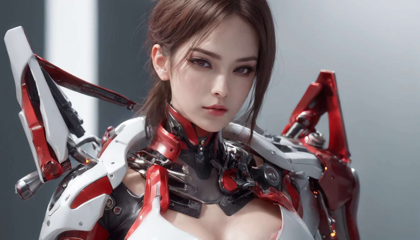 Highest image quality,Outstanding details,超高分辨率,(Fidelity:1.4),The best illustration,Favor the details,closeup cleavage,A mech girl,He has a delicate and beautiful face,((Red and white semi-mechanical body:1.8)),Raised sexy,cleavage,onbed,frontage,cyber punk perssonage,Futuristic,mechanically aesthetic,Complex machinery,The background is a high-tech lighting scene in the future city,Virtual Engine 5,Perfect detail rendering,rendering by octane,hyper HD