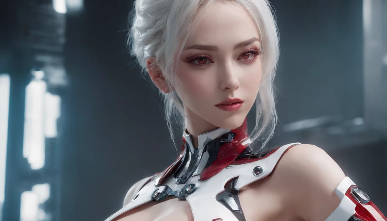Highest image quality，Outstanding details，超高分辨率，（Fidelity：1.4），The best illustration，Favor the details，closeup cleavage，A mech girl，He has a delicate and beautiful face，（（Red and white semi-mechanical body：1.8）），Raised sexy，cleavage，onbed，frontage，cyber punk perssonage，Futuristic，mechanically aesthetic，Complex machinery，The background is a high-tech lighting scene in the future city，Virtual Engine 5，Perfect detail rendering，rendering by octane，hyper HD