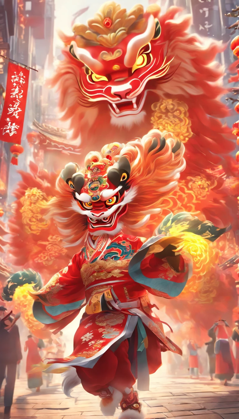 Cantonese traditional culture, China,1girll,lion dance,Awaken the lion,characteristic,The facial features are delicate and beautiful,The black and red lion head is worn on the head,Dance the lion's head dance with both hands,jubilation,