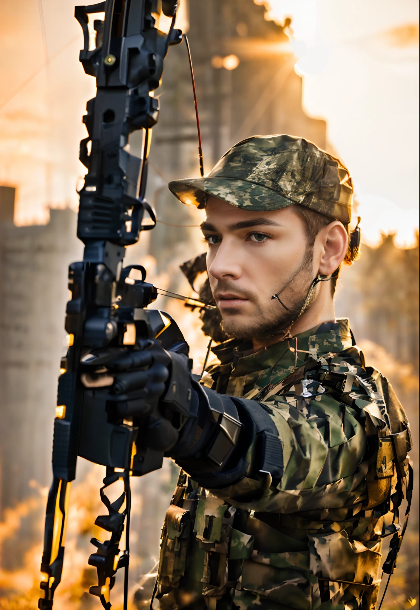 arafed man holding a bow and aiming a bow, pointing his bow, aiming a bow and arrow, holding a crossbow, focused shot, profile shot, profile picture, head shot, holding a bow, aiming, holding bow and arrow, close-up shoot, well focused, with hand crossbow, wielding a bow, portrait shot, canadian male, knee pads, male focus, military, military uniform, pouch, reddish-brown hair, clean-shaven, solo, standing, assault vest, drop-down pistol holster, jungle background, battle, tanks, explosions, gritty war-torn atmosphere, black ops, depth of field, dark blue eyes, tactical gloves