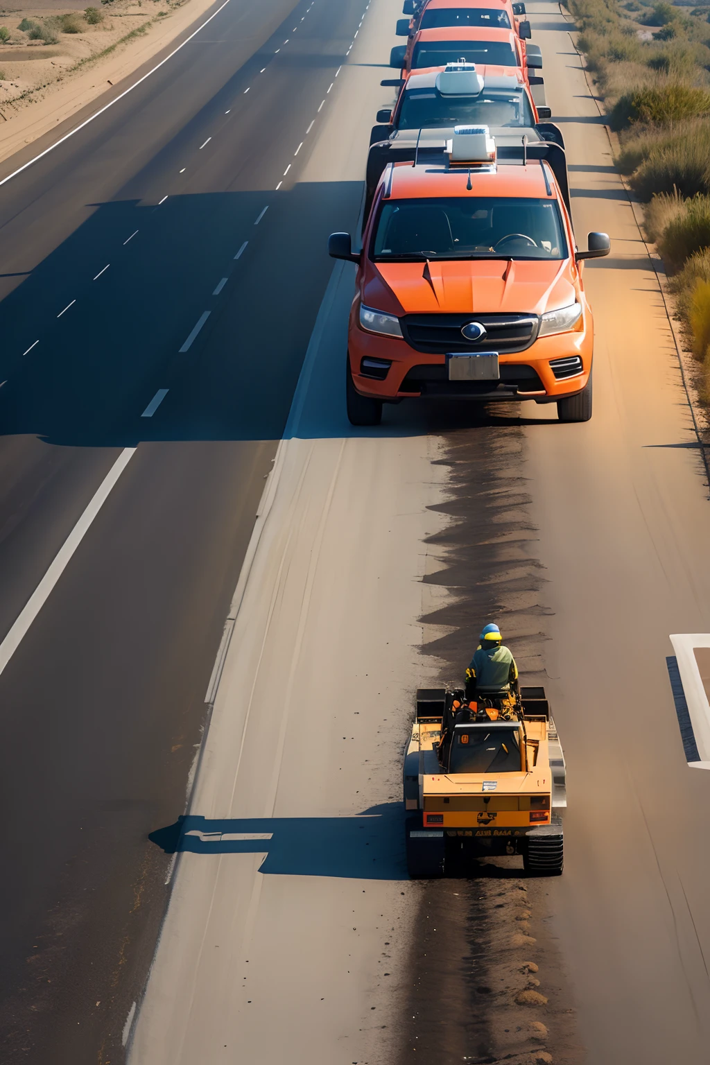 Two road maintenance workers fill asphalt at a fork in the national highway