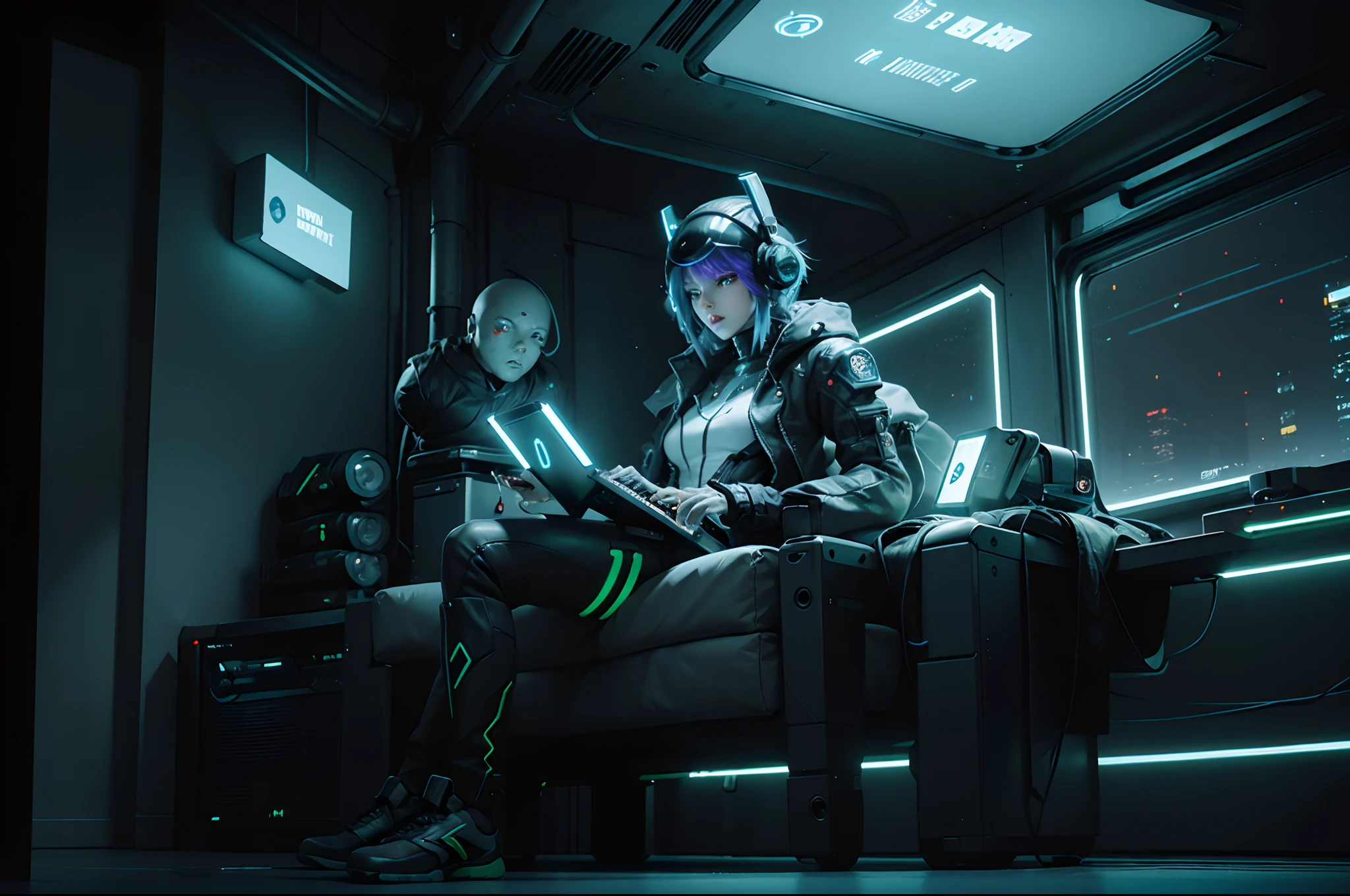 1girll, (cyber punk character: 1.3), bring headphones, illuminated helmet and headphones, wired body, looking at a computer, best quality, masterpiece, film filter presets, professional lighting, (full body: 1.5 ), capture from a futuristic film