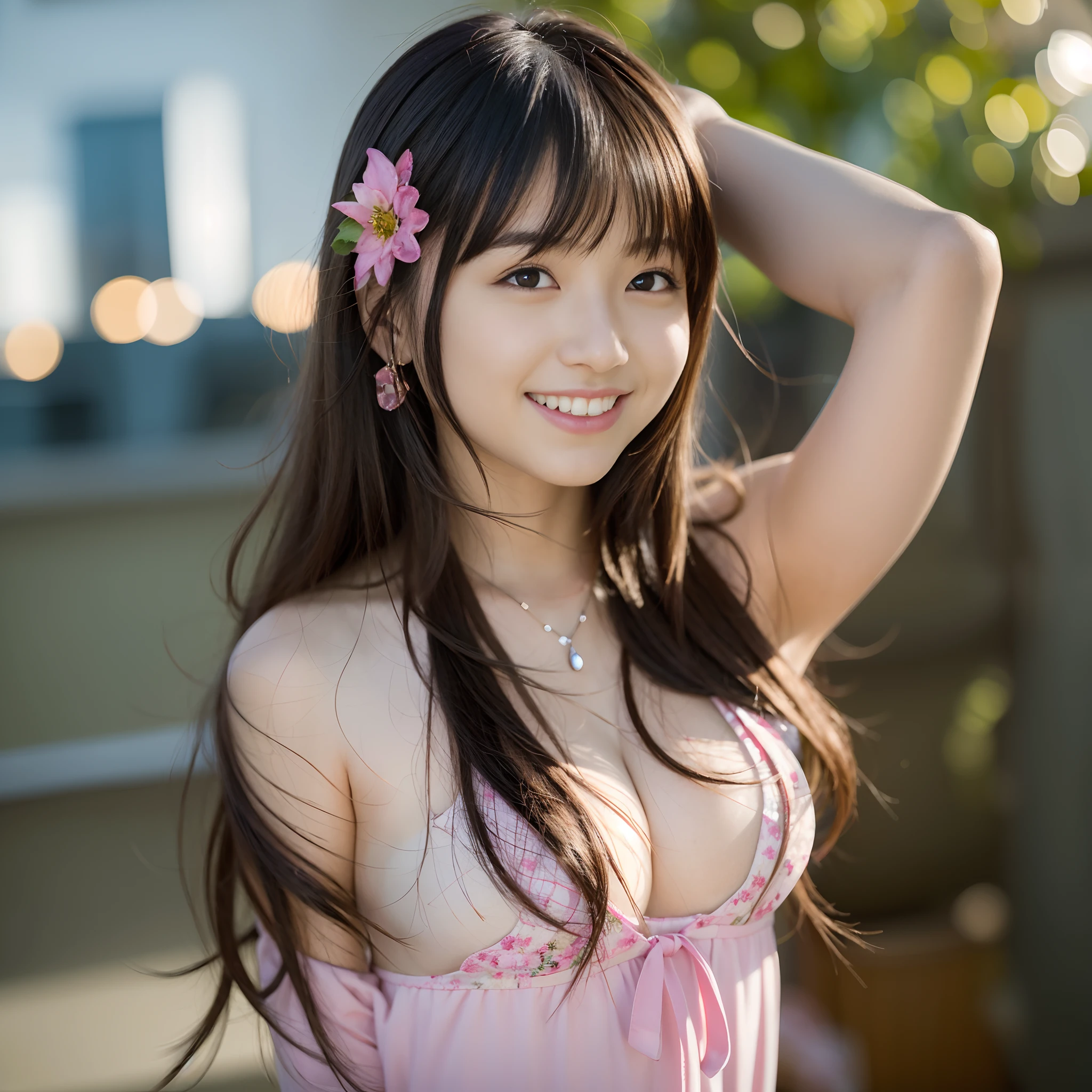 masterpiece、best qualtiy、vibrant detail、 1 人、Pink eyes、length hair、A dark-haired、wall-paper、(realisitic、Photorealsitic:1.37)、magnifica、finely detail、(Before grapefruit)、(temple in the background)、mideum breasts、a sailor suit、arms back、Eau、the setting sun、hair adornments、Live action、realisitic、Happy smile、The background is bokeh