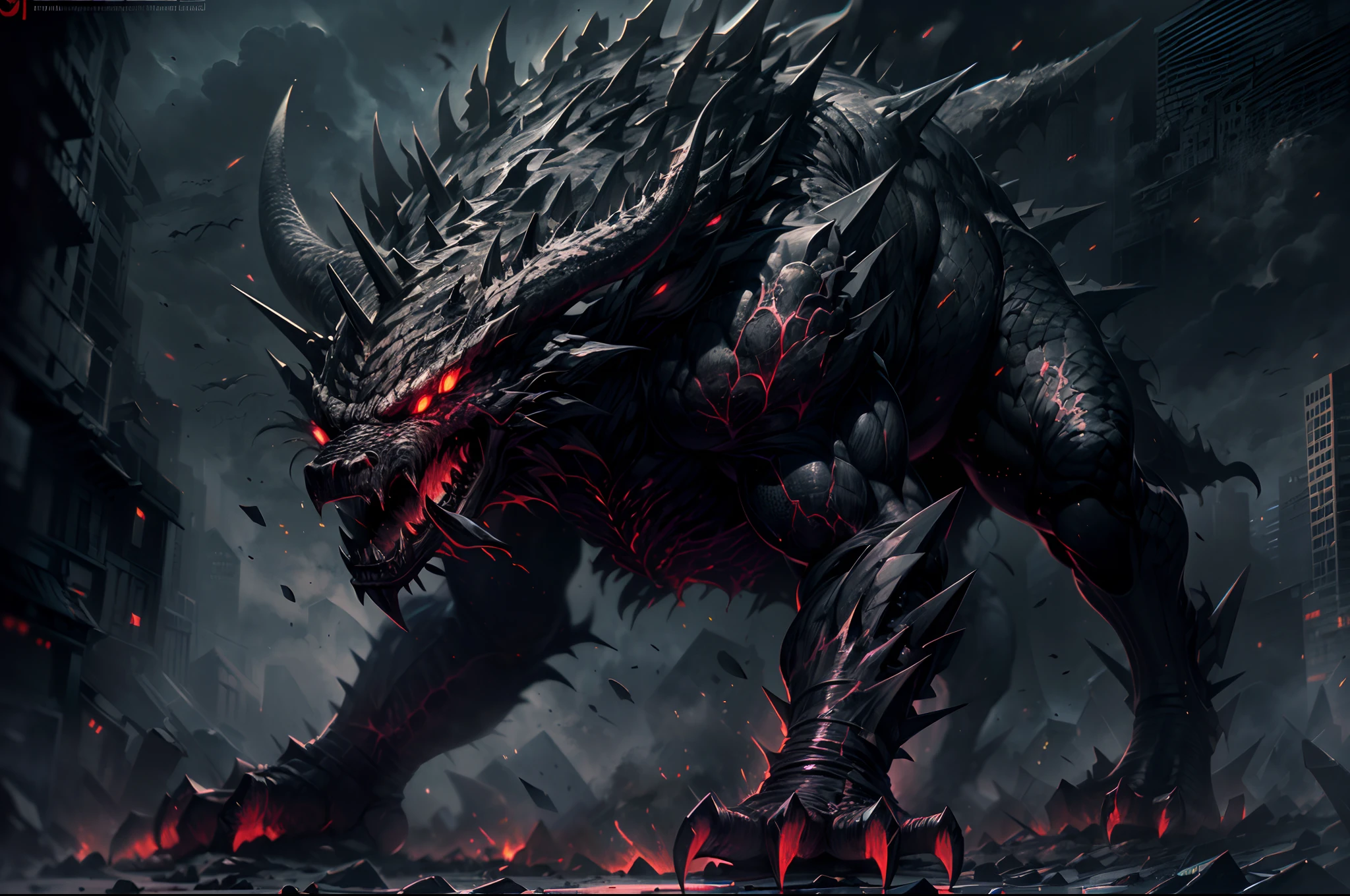 (best quality,ultra-detailed,realistic:1.37), fantasy creature, dark and menacing,(high-contrast lighting,shadowy atmosphere:1.1), intimidating presence,(large, massive:1.2) size, intricate scales, (glistening with reflections:1.1), (sinister, piercing:1.1)red eyes, (sharp, jagged, razor-sharp) teeth, (powerful, muscular) limbs, (ferocious, aggressive) claws, (distinctive, menacing) spikes (protruding, running) along its entire body, (foreboding, ancient) horn (jutting out:1.1) from the top of its head, (ominous, eerie) background, (gloomy, misty) atmosphere.