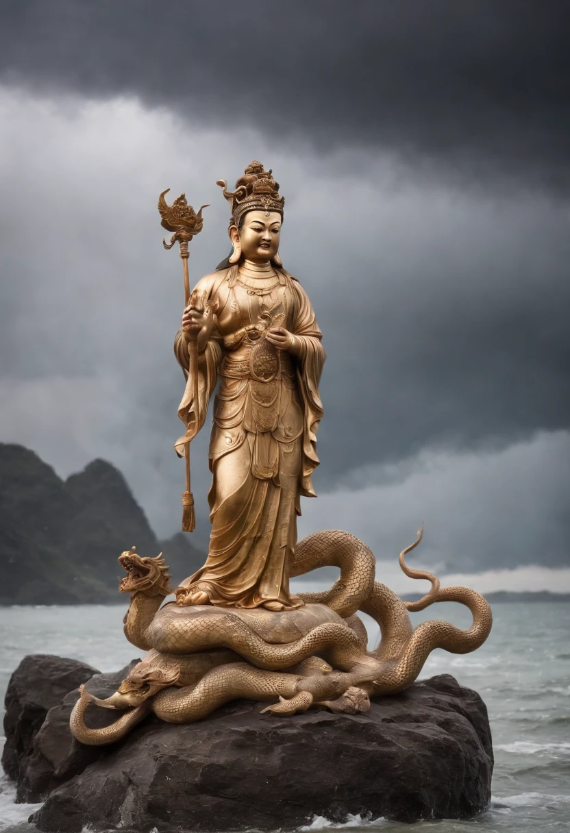 An ancient Asian goddess，Ancients，The upper body is human，The lower body is a snake，Beauty snake，There is light around the body，beautiful facial features，Ancient mythology，（The body of the snake 1.4），Panorama Figures，Holding multicolored copper ore in hand，On the surface of the sea，Worried and sad eyes，dark stormy clouds，Lightning，（（Ancient Chinese mythological figures）），Legendary