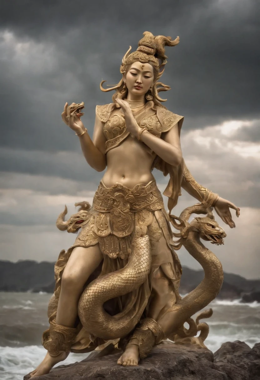 An ancient Asian goddess,Ancients,The upper body is human,The lower body is a snake,Beauty snake,There is light around the body,beautiful facial features,Ancient mythology,(The body of the snake 1.4),Panorama Figures,Holding multicolored copper ore in hand,On the surface of the sea,Worried and sad eyes,dark stormy clouds,Lightning,((Ancient Chinese mythological figures)),Legendary