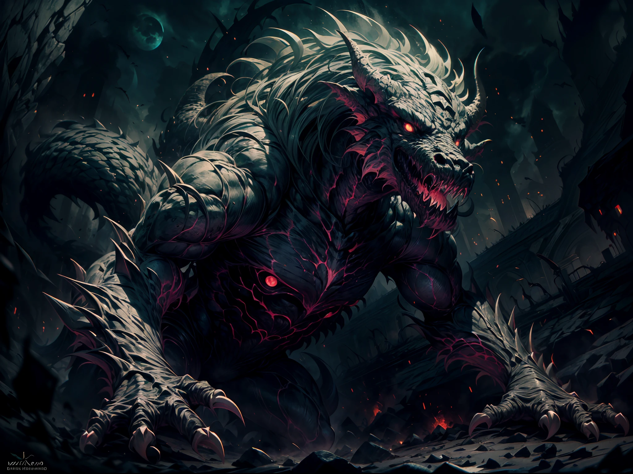 (best quality,ultra-detailed,masterpiece:1.2),eerie,mythological creature,large and menacing,creature's body covered in dark, shimmering scales,glistening in the moonlight,fierce and razor-sharp teeth,ready to tear apart its prey,claws as deadly weapons,sharp spikes running along its muscular body,each spike reflecting a sinister glow,detailed and well-defined muscles,showcasing its immense strength,four piercing eyes glowing with an otherworldly light,prominent horn emerging from its head,adding to its intimidating presence,dark and mysterious atmosphere,engulfing the scene,adding to the creature's aura of danger,impressive and intricate anatomical features,bringing the creature to life,ominous shadows cast by the moonlight,highlighting the creature's formidable silhouette,subtle hints of green and black in the color palette,enhancing the creature's reptilian nature,dramatic and dynamic lighting,accentuating the creature's menacing appearance,undulating forms and textures,creating a sense of movement and energy,majestic and powerful stance,commanding the attention of all who behold it.