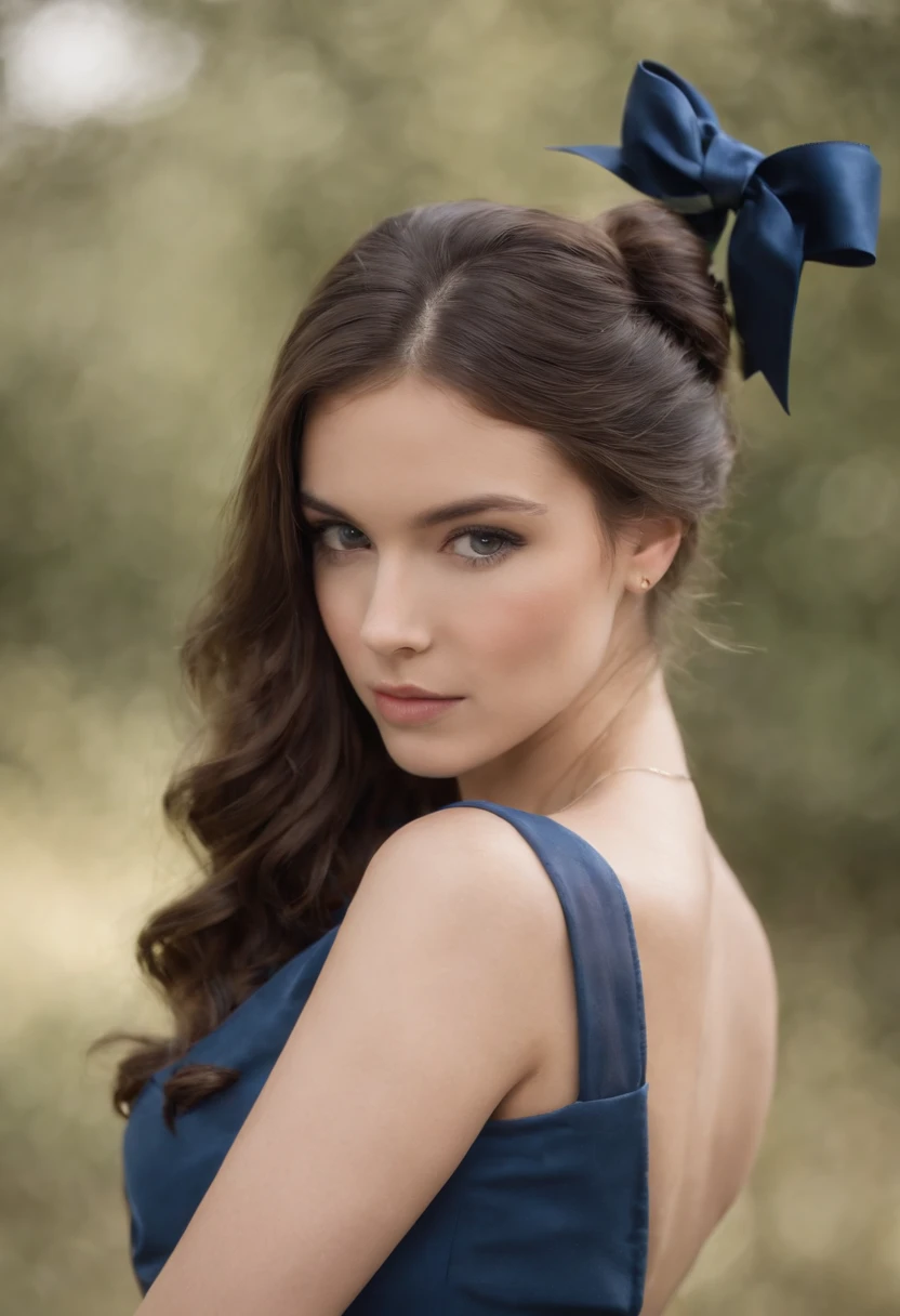 tez clara, Woman in her 20s, Cabello largo, hair dyed dark blue, Cabello recogido en cola de caballo de bajo giro, Hair tied with black satin bow, ojos azules, Entorno moderno, Ropa oscura estilo academia, serious expression, senos grandes, Beautiful, agile