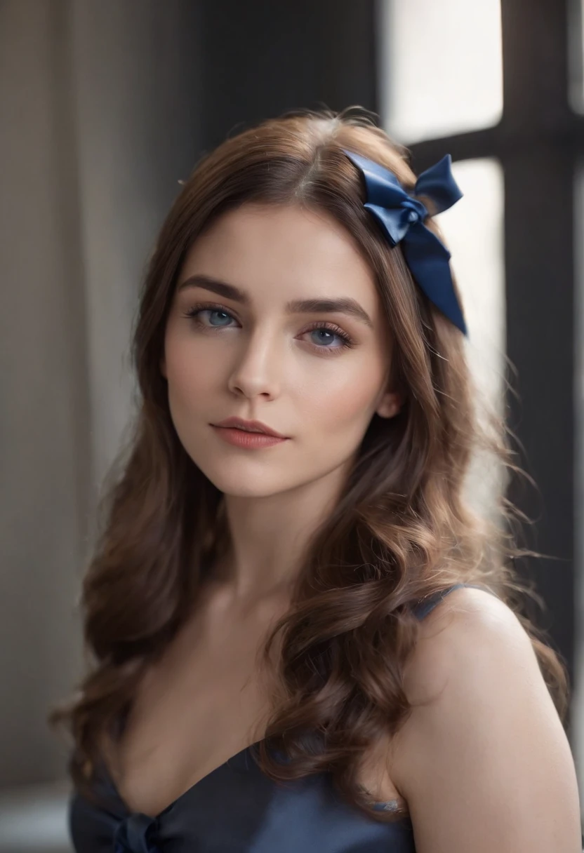 fair complexion, woman in her mid 20s, long hair, dyed dark blue hair, hair pulled into low twist ponytail, hair tied with black satin bow, blue eyes, modern setting, dark academia style clothing, serious expression, large breasts, beautiful, lithe