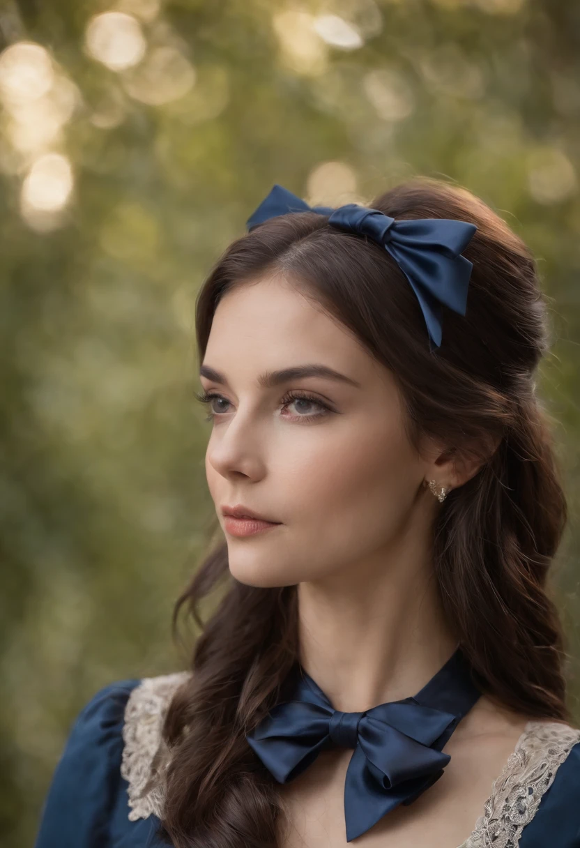 tez clara, Woman in her 20s, Cabello largo, hair dyed dark blue, Cabello recogido en cola de caballo de bajo giro, Hair tied with black satin bow, ojos azules, Entorno moderno, Ropa oscura estilo academia, serious expression, senos grandes, Beautiful, agile