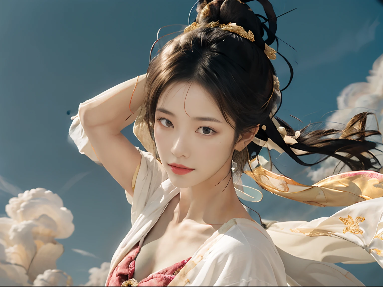 Masterpiece, Surrealistic, 32k, very detailed CG unified 8k wallpaper, best quality, realistic, 1 girl, (white robe), in a charming scene, rich background, very detailed, delicate beautiful face, big eyes looking at the audience, natural expression, charming smile, dance, Dunhuang costume, Dunhuang style, arms, dancing with ribbon, Colorful ribbons, golden jewelry, ancient Chinese hairstyles, hair gossamer, streamers, flying in the air, light makeup, eyeshadow, eyebrow lines, (face), dynamics, petals flying, details, jewelry, earrings, bracelets, shoulders, intricate textures, chest, guchen, wind pipe, a beautiful woman in a flowing white robe flying in the air, soaring through the clouds, the wind gently lifting her robe, The sense of flight is emphasized as they gracefully fly over ethereal cloud scenes