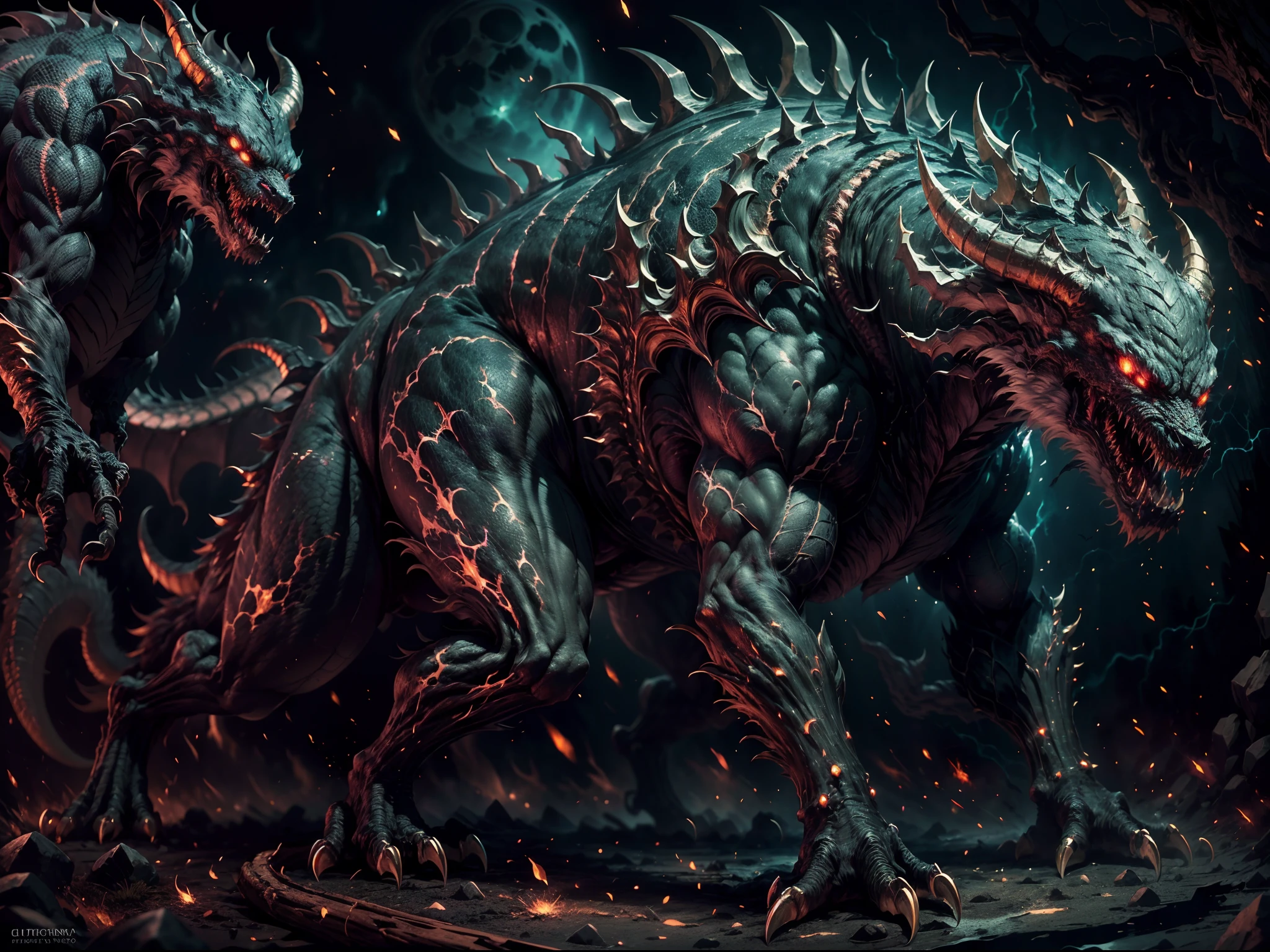 (best quality,ultra-detailed,masterpiece:1.2),eerie,mythological creature,large and menacing,creature's body covered in dark, shimmering scales,glistening in the moonlight,fierce and razor-sharp teeth,ready to tear apart its prey,claws as deadly weapons,sharp spikes running along its muscular body,each spike reflecting a sinister glow,detailed and well-defined muscles,showcasing its immense strength,four piercing eyes glowing with an otherworldly light,prominent horn emerging from its head,adding to its intimidating presence,dark and mysterious atmosphere,engulfing the scene,adding to the creature's aura of danger,impressive and intricate anatomical features,bringing the creature to life,ominous shadows cast by the moonlight,highlighting the creature's formidable silhouette,subtle hints of green and black in the color palette,enhancing the creature's reptilian nature,dramatic and dynamic lighting,accentuating the creature's menacing appearance,undulating forms and textures,creating a sense of movement and energy,majestic and powerful stance,commanding the attention of all who behold it.