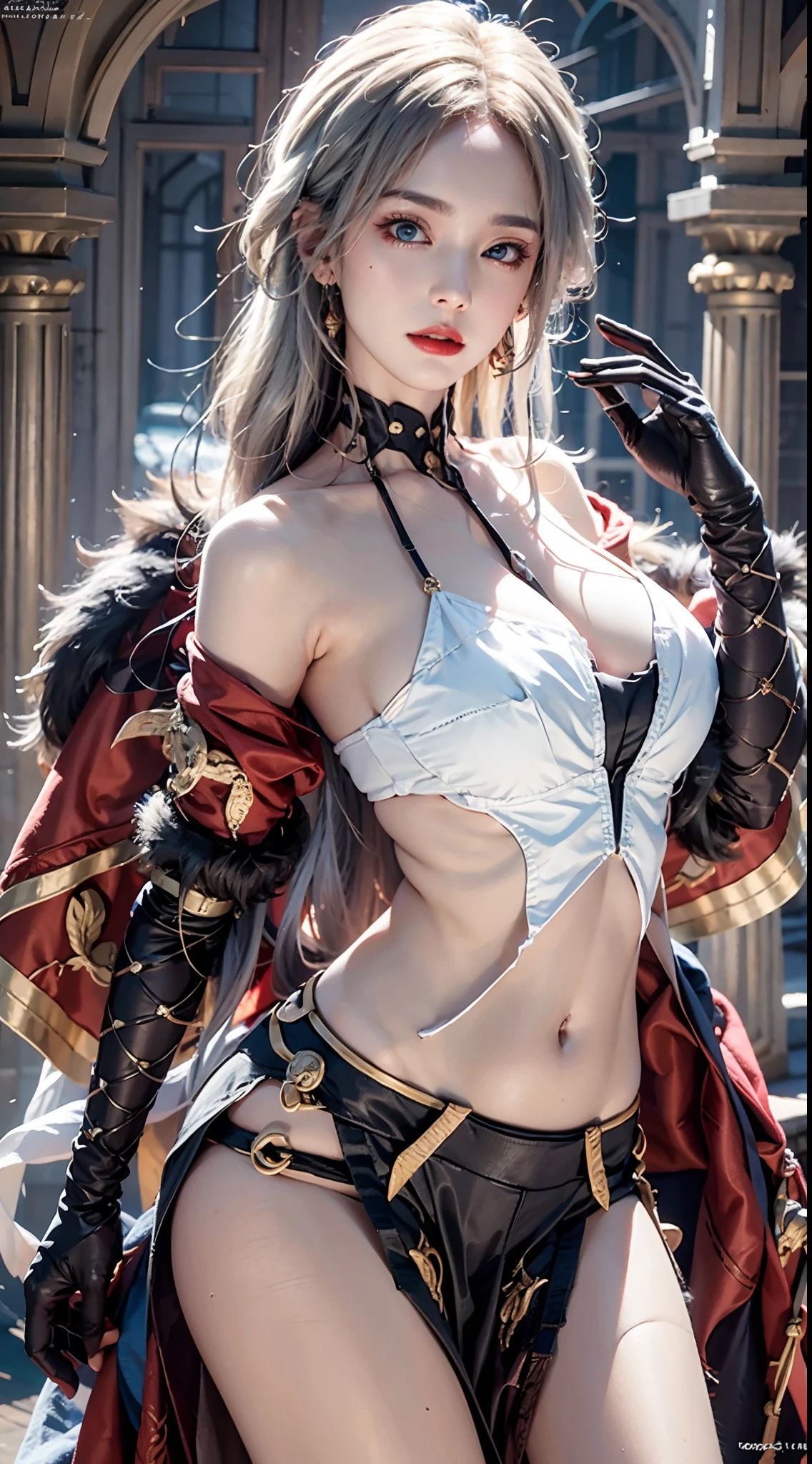 photography awards, masterpiece, photorealistic, high resolution, soft light, signora \\(genshin impact\\) , large breasts, long hair, mature female, one eye covered, jewelry, mask, black gloves, elbow gloves, fur trim, dress, coat, BLONDE HAIR, LONG HAIR,EYEPATCH, MASK,BLUE EYES,DRESS,FUR TRIM, HUGE BREASTS, BARE SHOULDERS, NAVEL, CLEAVAGE