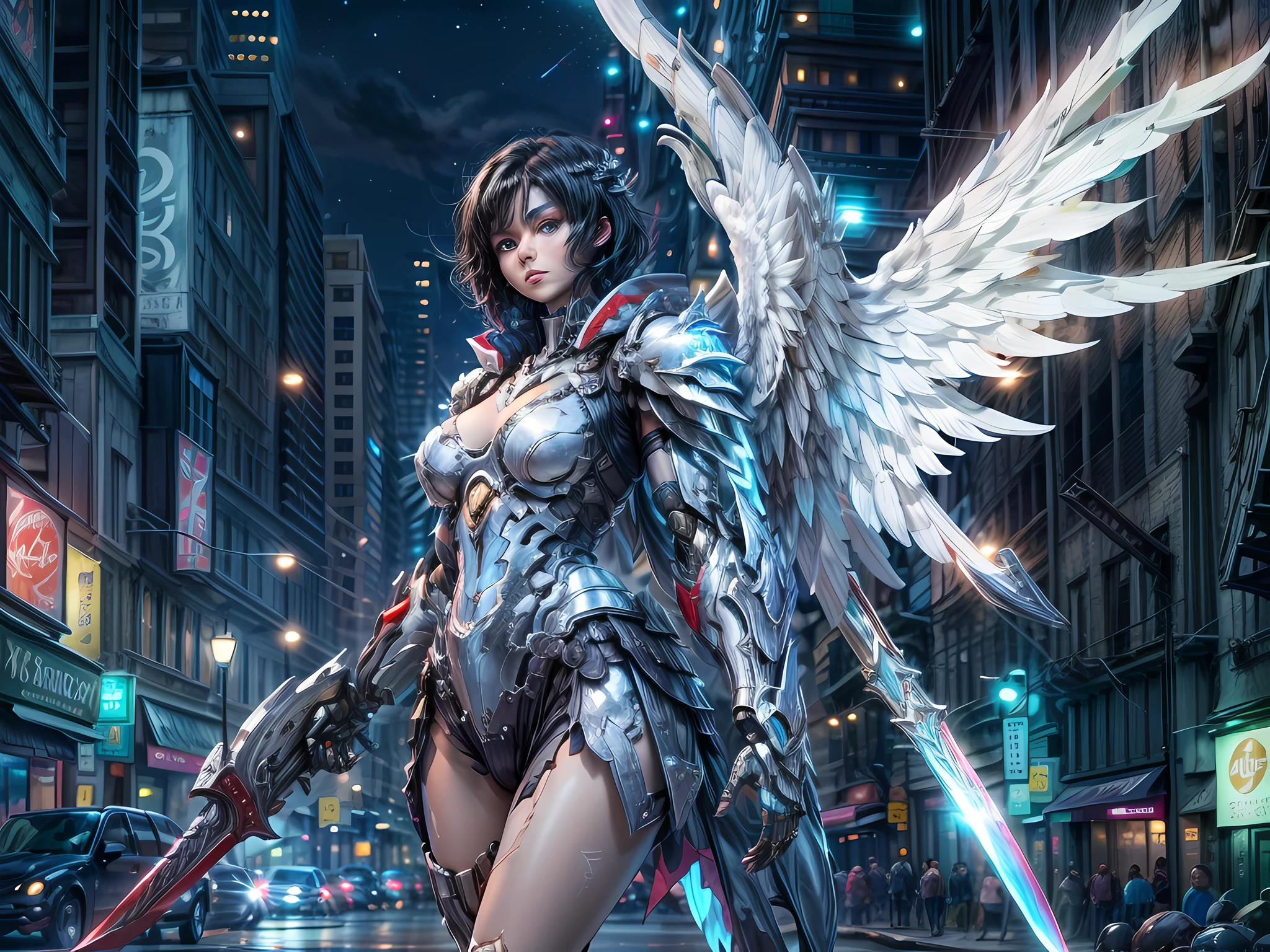 a picture of  a female angel mecha girl, walking in a fantasy urban street at night, full body, an extremely beautiful female mecha angel, dynamic angle (ultra detailed, Masterpiece, best quality), (best detailed face: 1.4), ultra feminine,  black hair, short hair, dynamic eyes color, angel_wings spread white angelic mechanical wings, (wearing mecha armor: 1.4), blue cloak, fantasysword armed with sword  walking in a fantasy setting street, night time, red moon, stars  high details, fantasy art, RPG art best quality, 16k, [ultra detailed], masterpiece, best quality, (ultra detailed), full body, ultra wide shot, photorealistic,