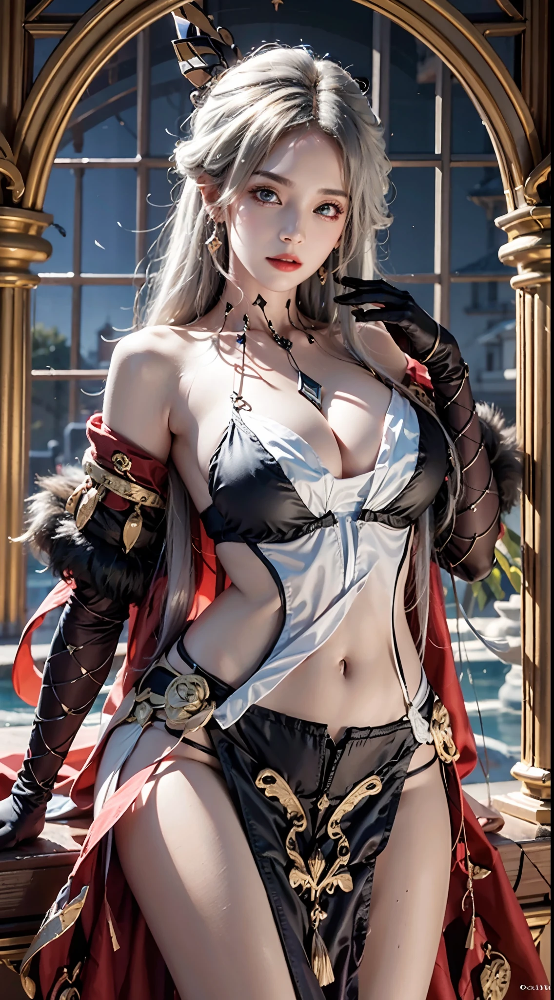 photography awards, masterpiece, photorealistic, high resolution, soft light, signora \\(genshin impact\\) , large breasts, long hair, mature female, one eye covered, jewelry, mask, black gloves, elbow gloves, fur trim, dress, coat, BLONDE HAIR, LONG HAIR,EYEPATCH, MASK,BLUE EYES,DRESS,FUR TRIM, HUGE BREASTS, BARE SHOULDERS, NAVEL, CLEAVAGE