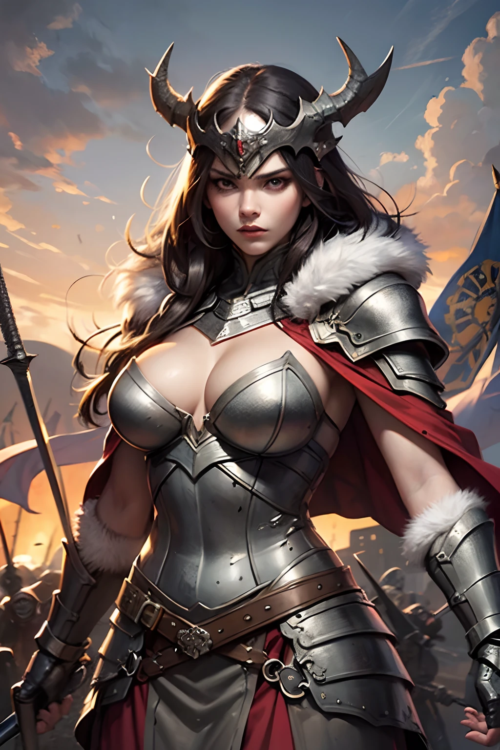 Masterpiece, best quality, super detailed, illustration, beautiful detailed eyes, giant mascular women, posing for battle standing arm up, angry, wearing viking armor, fur cape, daylight battlefield background