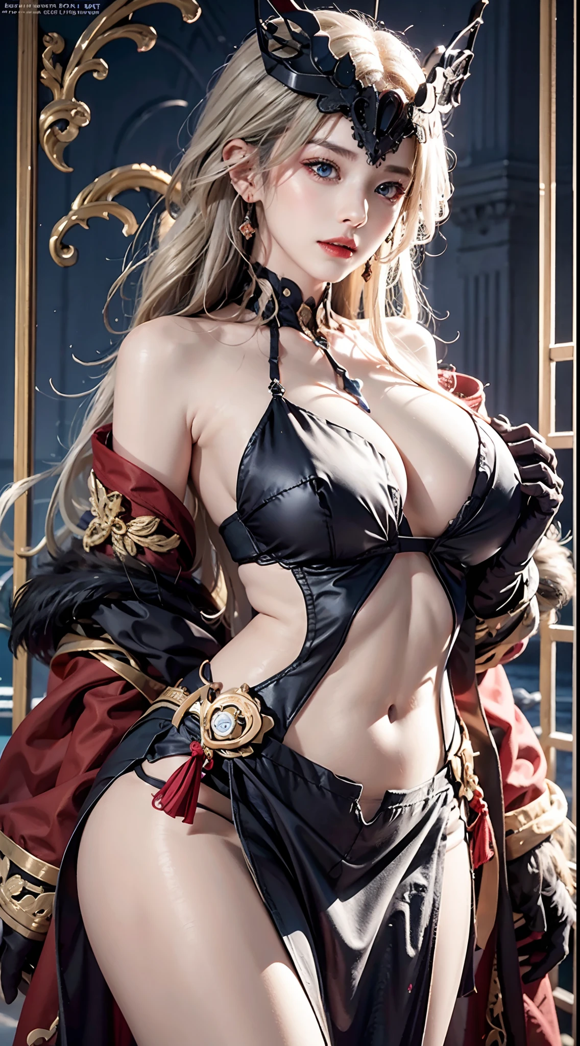 photography awards, masterpiece, photorealistic, high resolution, soft light, signora \\(genshin impact\\) , large breasts, long hair, mature female, one eye covered, jewelry, mask, black gloves, elbow gloves, fur trim, dress, coat, BLONDE HAIR, LONG HAIR,EYEPATCH, MASK,BLUE EYES,DRESS,FUR TRIM, HUGE BREASTS, BARE SHOULDERS, NAVEL, CLEAVAGE