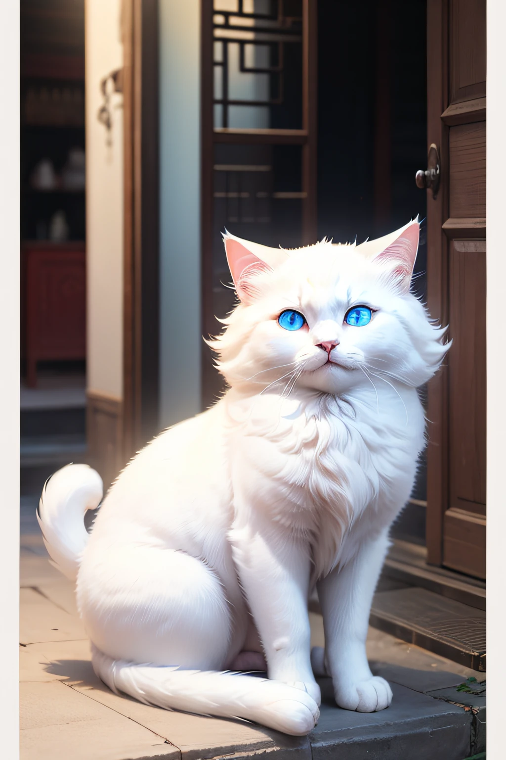 White fluffy cat with blue eyes in fatasia style