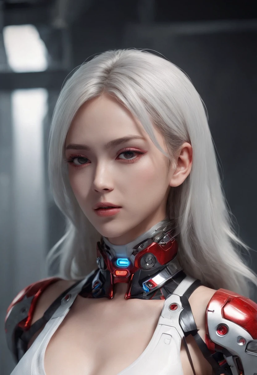 Highest image quality，Outstanding details，超高分辨率，（Fidelity：1.4），The best illustration，Favor the details，closeup cleavage，A mech girl，He has a delicate and beautiful face，（（Red and white semi-mechanical body：1.8）），Raised sexy，cleavage，onbed，frontage，cyber punk perssonage，Futuristic，mechanically aesthetic，Complex machinery，The background is a high-tech lighting scene in the future city，Virtual Engine 5，Perfect detail rendering，rendering by octane，hyper HD