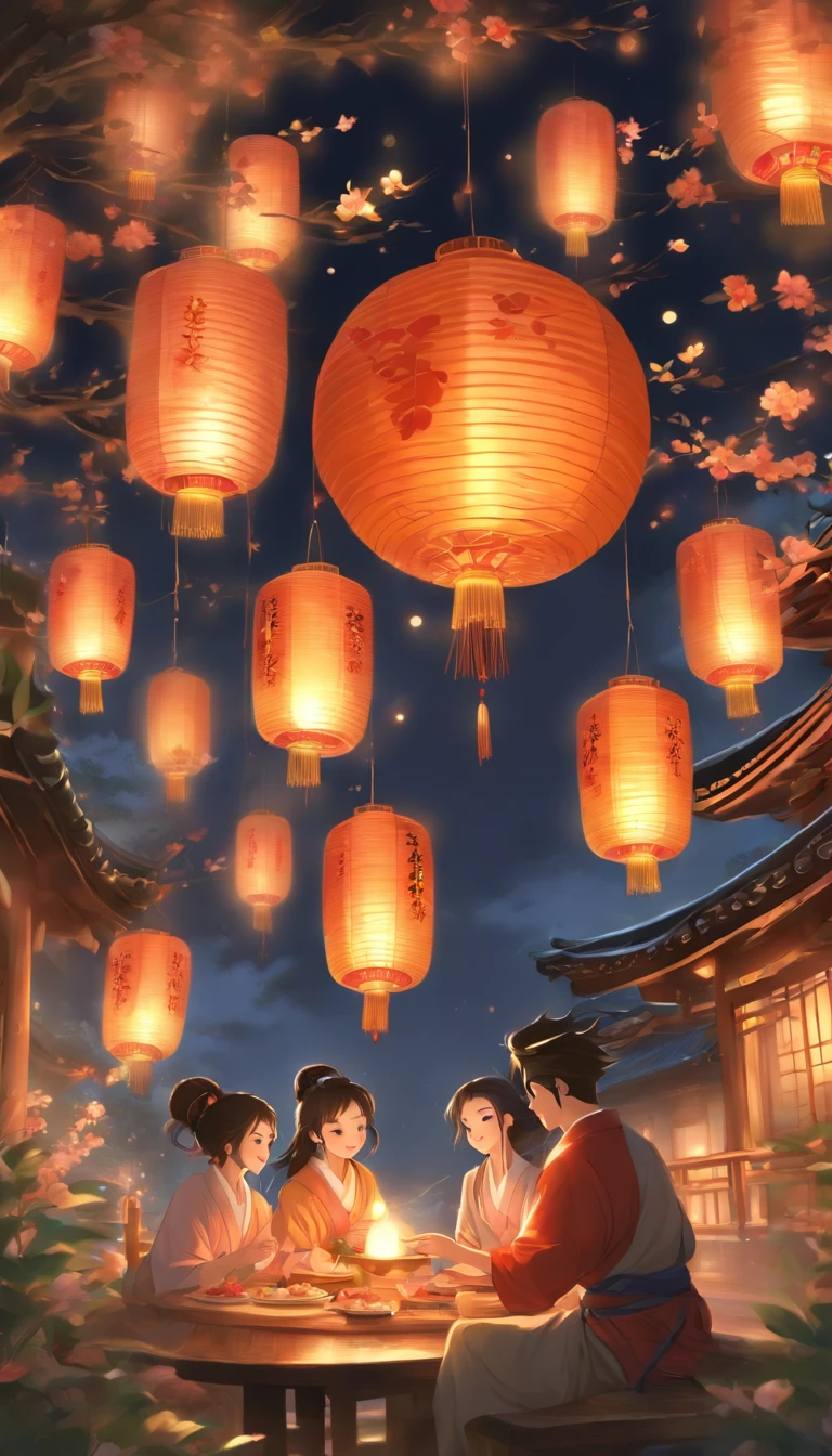 The family sits together, Enjoy a festive dinner, Surrounded by a warm and comfortable atmosphere. The room was beautifully decorated,Equipped with lanterns, Symbolizes the joy of the Mid-Autumn Festival. The table is filled with a variety of delicacies, Includes traditional mooncakes. Moonlight shone through the windows, Cast a soft glow on everyone's face. The family laughed and talked, Express their love and happiness on this special occasion. The artwork is created with the finest materials, Such as oil painting or high-resolution digital rendering, Ensure the highest quality and detail. The colors are vivid and vibrant, Create visually stunning representations for holiday celebrations. Well-designed lighting, Focus on capturing the warm and tranquil atmosphere of the evening. The artwork is a masterpiece, With ultra-fine elements and realism, Photorealistic style. The moon in the night sky is depicted as a perfect circle, Represents the full moon of the Mid-Autumn Festival. The scene was full of fun, Love, and togetherness, Capture the essence of the festival.You can see the round moon hanging high