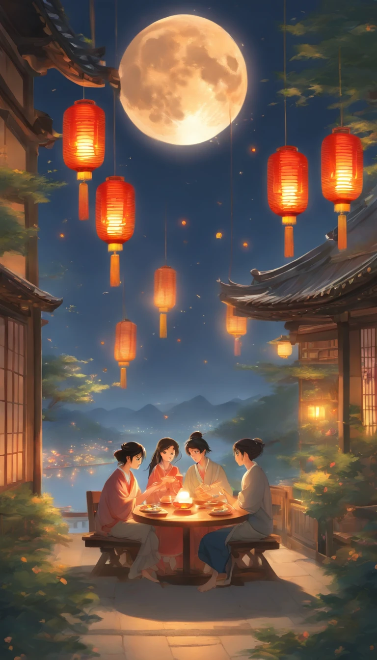 The family sits together, Enjoy a festive dinner, Surrounded by a warm and comfortable atmosphere. The room was beautifully decorated,Equipped with lanterns, Symbolizes the joy of the Mid-Autumn Festival. The table is filled with a variety of delicacies, Includes traditional mooncakes. Moonlight shone through the windows, Cast a soft glow on everyone's face. The family laughed and talked, Express their love and happiness on this special occasion. The artwork is created with the finest materials, Such as oil painting or high-resolution digital rendering, Ensure the highest quality and detail. The colors are vivid and vibrant, Create visually stunning representations for holiday celebrations. Well-designed lighting, Focus on capturing the warm and tranquil atmosphere of the evening. The artwork is a masterpiece, With ultra-fine elements and realism, Photorealistic style. The moon in the night sky is depicted as a perfect circle, Represents the full moon of the Mid-Autumn Festival. The scene was full of fun, Love, and togetherness, Capture the essence of the festival.You can see the round moon hanging high