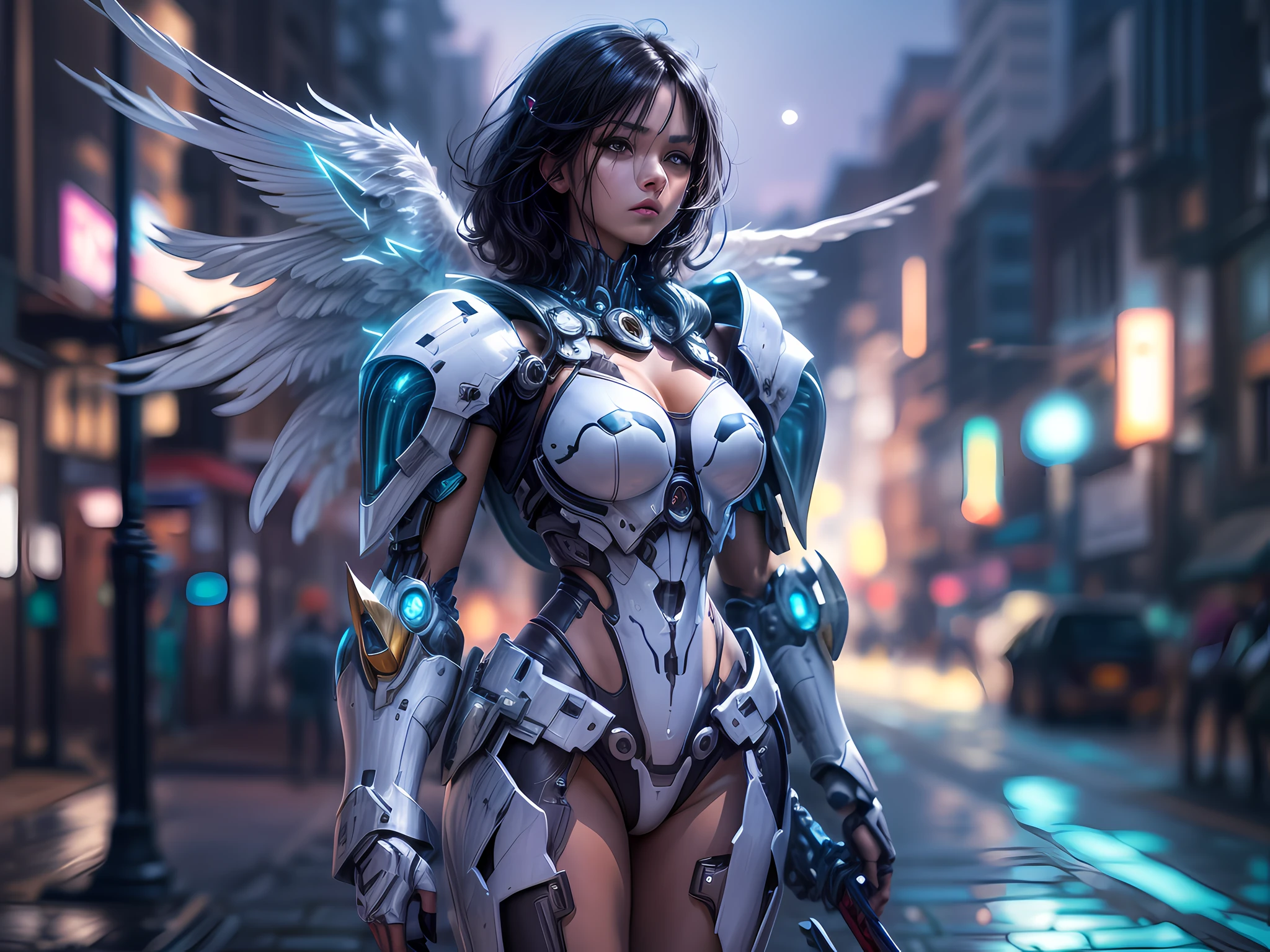 a picture of  a female angel mecha girl, walking in a fantasy urban street at night, full body, an extremely beautiful female mecha angel, dynamic angle (ultra detailed, Masterpiece, best quality), (best detailed face: 1.4), ultra feminine,  black hair, short hair, dynamic eyes color, angel_wings spread white angelic mechanical wings, (wearing mecha armor: 1.4), blue cloak, fantasysword armed with sword  walking in a fantasy setting street, night time, red moon, stars  high details, fantasy art, RPG art best quality, 16k, [ultra detailed], masterpiece, best quality, (ultra detailed), full body, ultra wide shot, photorealistic,