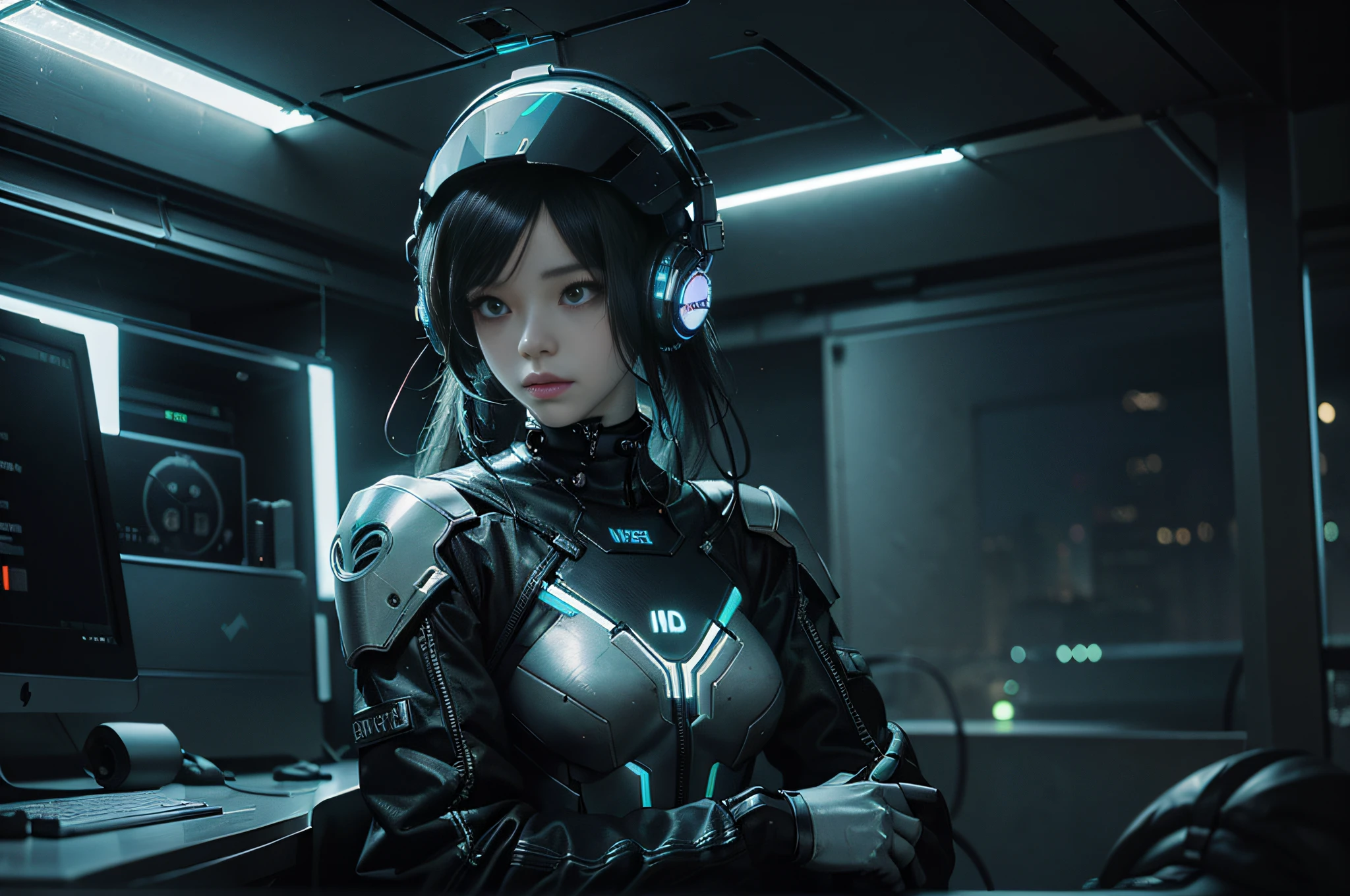 1girll, (cyber punk character: 1.3), bring headphones, illuminated helmet and headphones, wired body, looking at a computer, best quality, masterpiece, film filter presets, professional lighting, (full body: 1.5 ), capture from a futuristic film