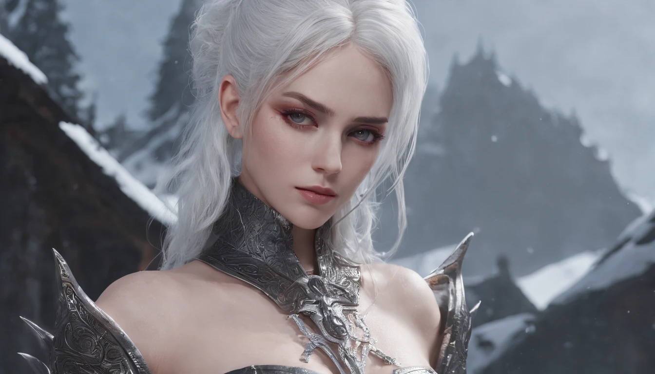 Cirilla Fiona Elen Riannon，Highest image quality，Outstanding details，超高分辨率，（Fidelity：1.4）, Favor the details，closeup cleavage，dawn，Snow，winter，Behind it is the wizard's sword，He has a delicate and beautiful face，（（Red and white semi-mechanical body：1.8）），Raised sexy，frontage，cyber punk perssonage，Futuristic，mechanically aesthetic，Virtual Engine 5，Perfect detail rendering，rendering by octane，hyper HD