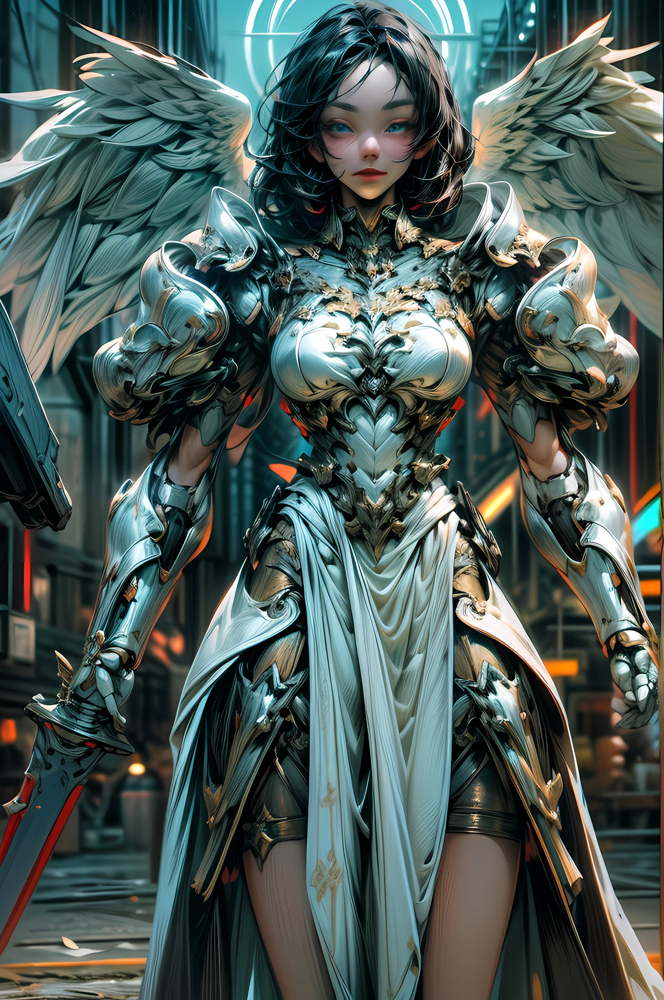 a picture of  a female angel mecha girl, walking in a fantasy urban street at night, full body, an extremely beautiful female mecha angel, dynamic angle (ultra detailed, Masterpiece, best quality), ultra detailed face (ultra detailed, Masterpiece, best quality), ultra feminine,  black hair, short hair, dynamic eyes color, angel_wings spread white angelic mechanical wings, (wearing silver armor: 1.4), blue cloak, fantasysword armed with sword  walking in a fantasy setting street, night time, red moon, stars  high details, best quality, 16k, [ultra detailed], masterpiece, best quality, (ultra detailed), full body, ultra wide shot, photorealism, fantasy art, RPG art