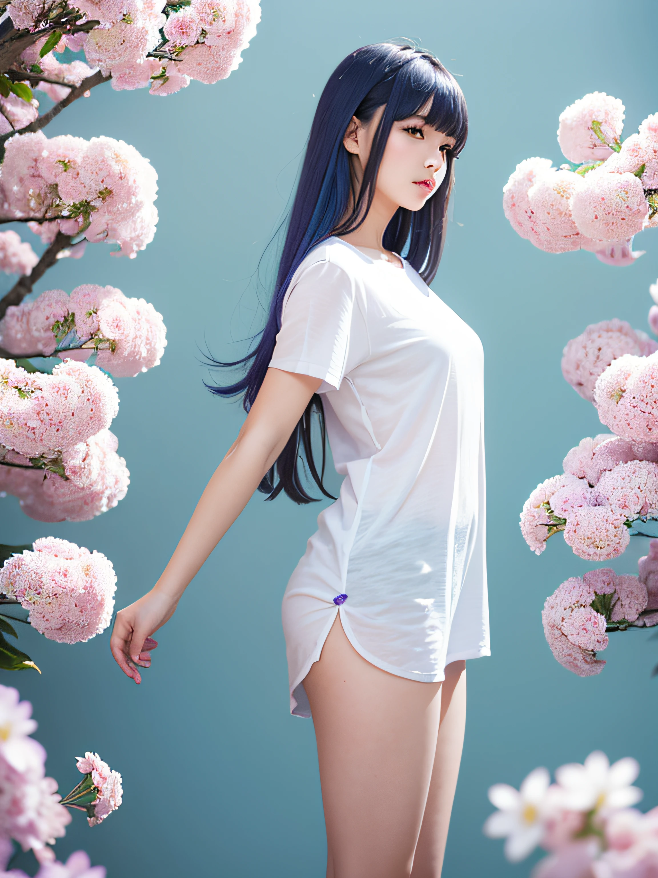 Best Quality, masutepiece, Extremely detailed, Detailed background, 1girl in,fullbody image、Naked image 、slim body、Smaller chest、Solo, Long Bob Hair, flower, Blue hair, White background, pink flowers, Simple background, profile, Upper body, Shirt, White shirt, white blossoms, Bow, Bangs, Purple eyes, fronds, blush