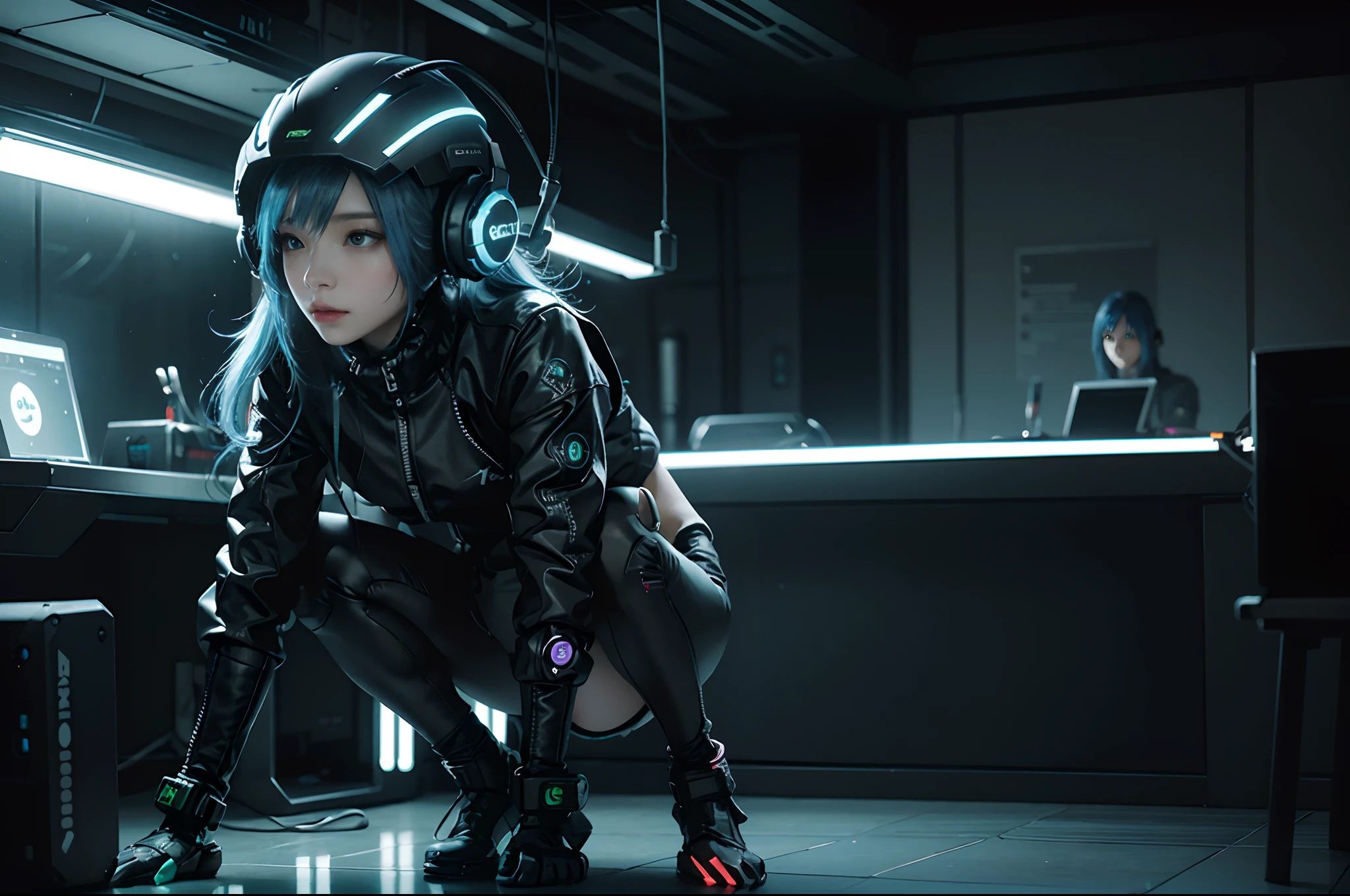 1girll, (cyber punk character: 1.3), bring headphones, illuminated helmet and headphones, wired body, looking at a computer, best quality, masterpiece, film filter presets, professional lighting, (full body: 1.5 ), capture from a futuristic film