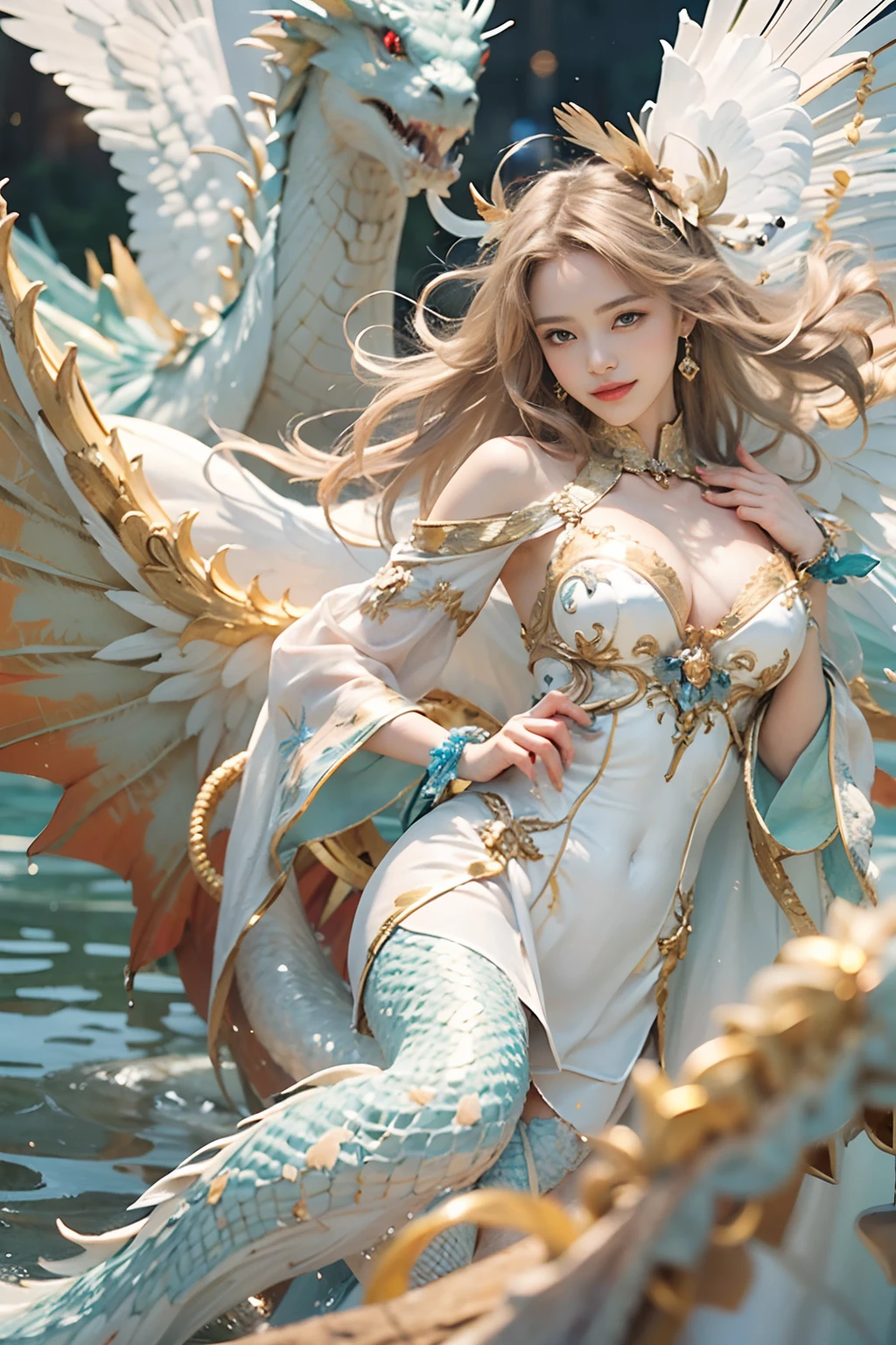 Dragons in Chinese mythology,(Portrait of an angel and a dragon god:1.3,)(Sheer and revealing white fluffy outfit:1.3, ),(Angel with glass wings floating above lake:1.3), (A glass dragon protects angels from behind:1.3),shiny light brown and orange striped hair,,Cute smile,Perfect round face,A cheerful smile that makes the viewer happy,Proper body proportion,masutepiece,Super high-quality output images,hight resolution,Intricate details,Hair fluttering in a very delicate and beautiful wind,photos realistic,Dreamy,Professional Lighting,realistic shadow,Beautiful hands,Beautiful fingers,Detailed finger features,detailed clothes features,Detailed hair features,detailed facial features,