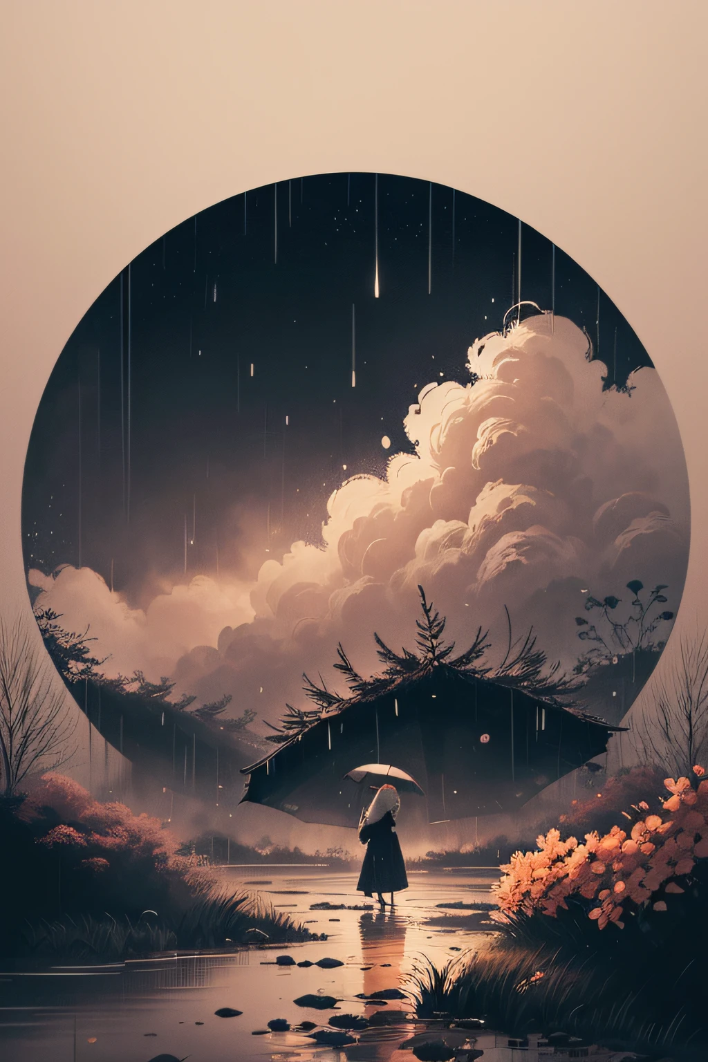 Ink painting style,Spring nights love rain,Flower heavy jin official city,Du fu,Tang poetry