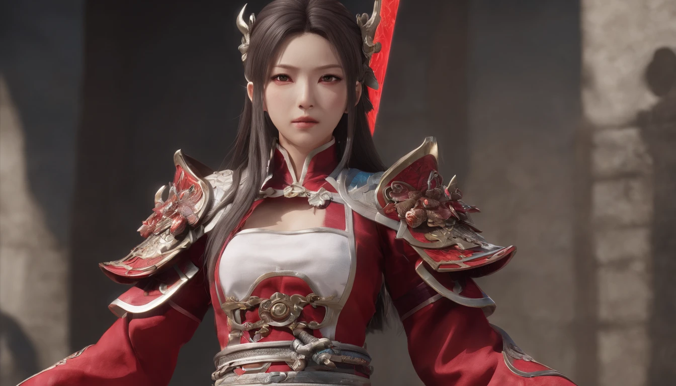 Highest image quality,Outstanding details,超高分辨率,(Fidelity:1.4), Favor the details, He has a delicate and beautiful face, Close-up of a woman standing on a platform with a sword, A scene from the《Honkai 3rd 》videogame, 《Honkai 3rd 》styled, 《Honkai 3rd 》The role setting of Thunder's lawyer, Tachi, Red Japanese oni armor, Virtual Engine 5,Perfect detail rendering,rendering by octane,hyper HD