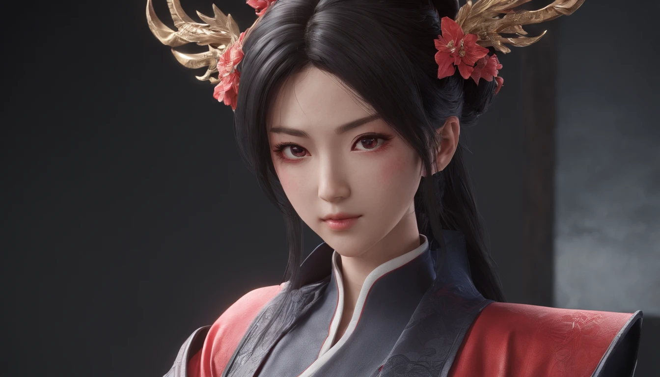 Highest image quality，Outstanding details，超高分辨率，（Fidelity：1.4）, Favor the details, He has a delicate and beautiful face, Close-up of a woman standing on a platform with a sword, A scene from the《Honkai 3rd 》videogame, 《Honkai 3rd 》styled, 《Honkai 3rd 》The role setting of Thunder's lawyer, Tachi, Red Japanese oni armor, Virtual Engine 5，Perfect detail rendering，rendering by octane，hyper HD