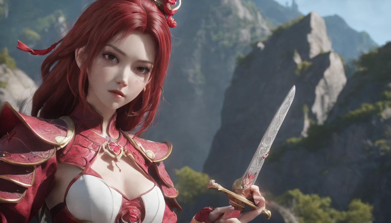 Highest image quality,Outstanding details,超高分辨率,(Fidelity:1.4), Favor the details, He has a delicate and beautiful face, Close-up of a woman standing on a platform with a sword, A scene from the《Honkai 3rd 》videogame, 《Honkai 3rd 》styled, 《Honkai 3rd 》The role setting of Thunder's lawyer, Tachi, Red Japanese oni armor, Virtual Engine 5,Perfect detail rendering,rendering by octane,hyper HD