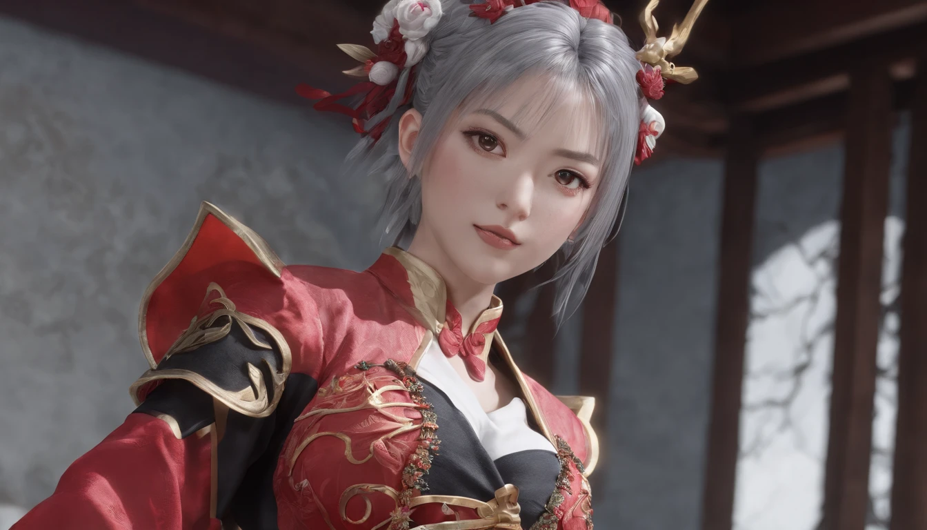 Highest image quality，Outstanding details，超高分辨率，（Fidelity：1.4）, Favor the details, He has a delicate and beautiful face, Close-up of a woman standing on a platform with a sword, A scene from the《Honkai 3rd 》videogame, 《Honkai 3rd 》styled, 《Honkai 3rd 》The role setting of Thunder's lawyer, Tachi, Red Japanese oni armor, Virtual Engine 5，Perfect detail rendering，rendering by octane，hyper HD