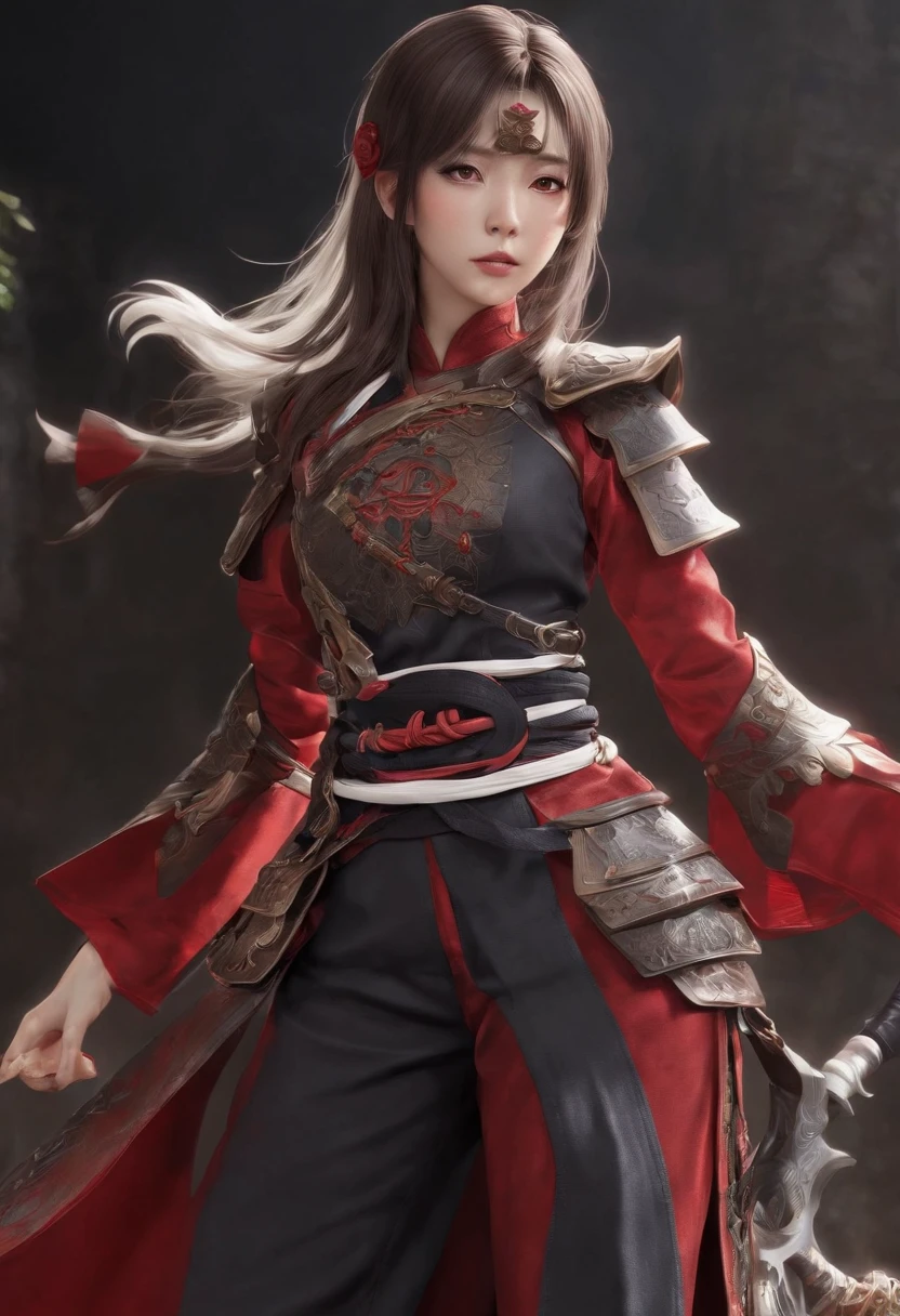 Highest image quality，Outstanding details，超高分辨率，（Fidelity：1.4）, Favor the details, He has a delicate and beautiful face, Close-up of a woman standing on a platform with a sword, A scene from the《Honkai 3rd 》videogame, 《Honkai 3rd 》styled, 《Honkai 3rd 》The role setting of Thunder's lawyer, Tachi, Red Japanese oni armor, Virtual Engine 5，Perfect detail rendering，rendering by octane，hyper HD