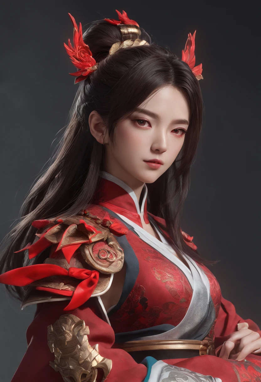 Highest image quality，Outstanding details，超高分辨率，（Fidelity：1.4）, Favor the details, He has a delicate and beautiful face, Close-up of a woman standing on a platform with a sword, A scene from the《Honkai 3rd 》videogame, 《Honkai 3rd 》styled, 《Honkai 3rd 》The role setting of Thunder's lawyer, Tachi, Red Japanese oni armor, Virtual Engine 5，Perfect detail rendering，rendering by octane，hyper HD