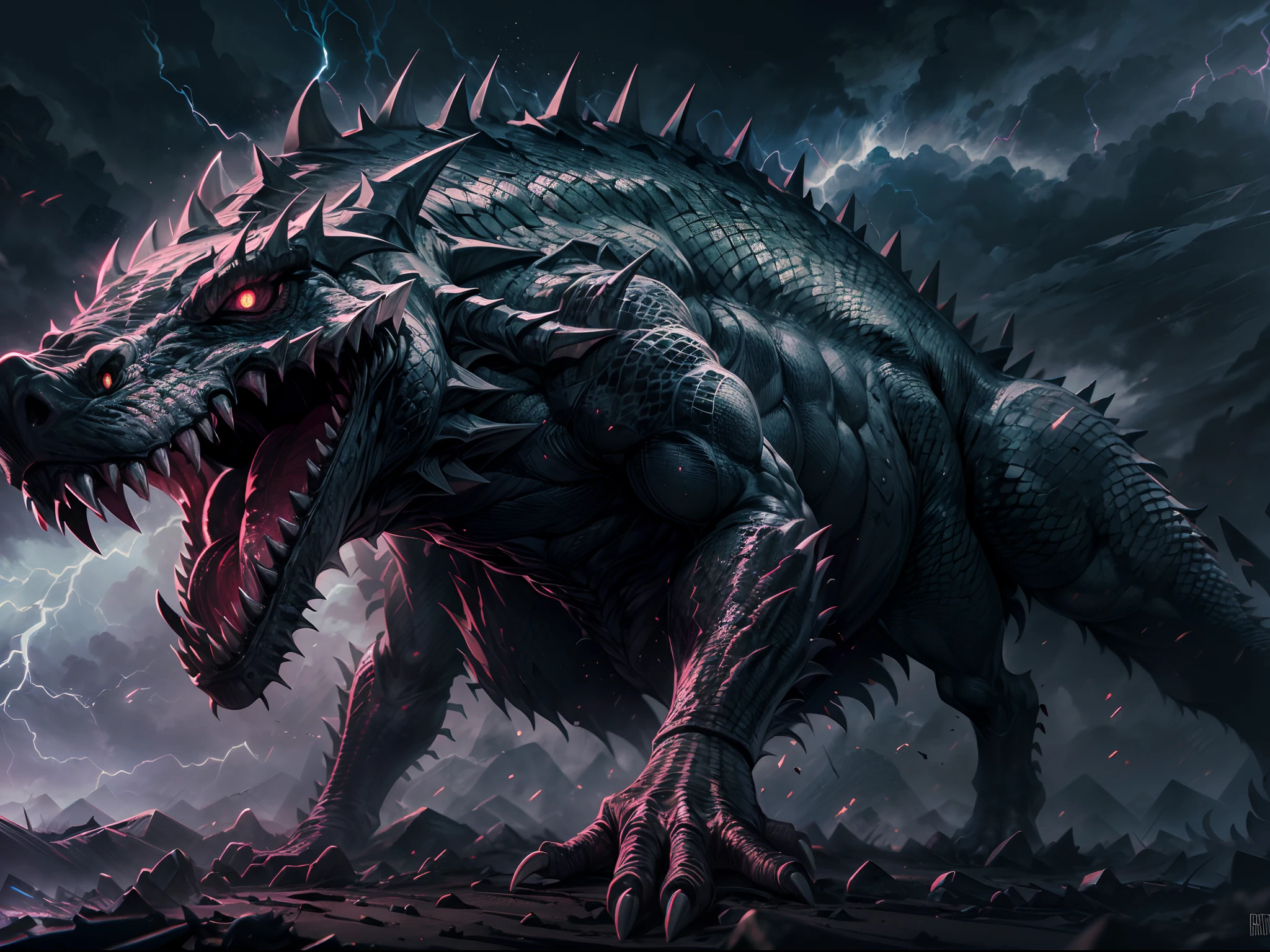 (best quality,4k,highres,masterpiece:1.2),ultra-detailed,realistic,full body, side view ,crocodile-like mythical monster,dark scale-covered body,sharp teeth,claws,spikes running through body,detailed muscles,four eyes with intricate details, lightning running through the body, prominent horn on the head,dark lightning surrounding the body,dark aura,rich texture,ominous atmosphere,evil presence,stormy sky, dramatic lighting,contrast shadows, vivid colors,imposing figure,horror element,unique character design,attention to detail,powerful and intimidating appearance,majestic and terrifying,exquisite craftsmanship